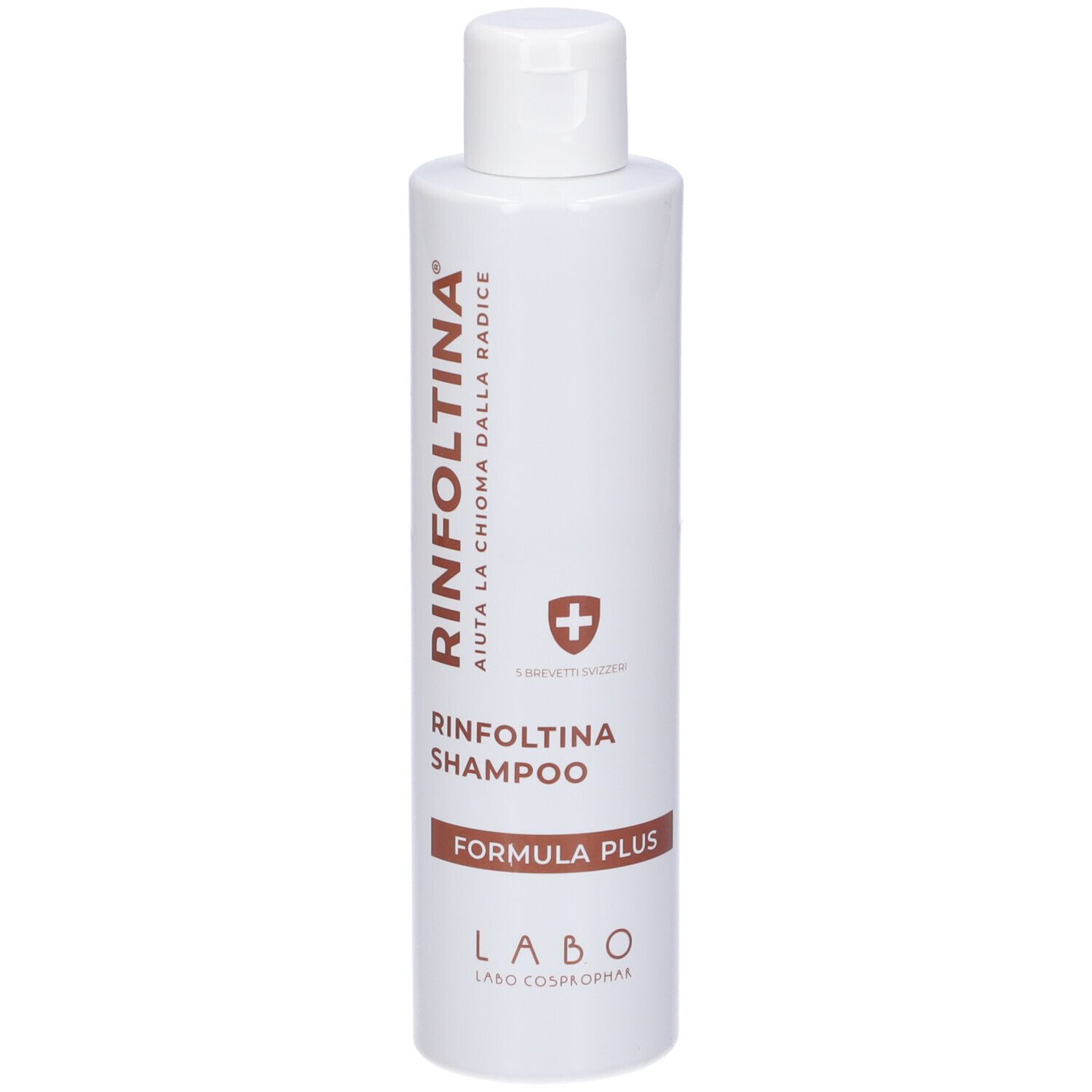 Flacone bianco con testo marrone. Scritta: Rinfoltina Shampoo, Formula Plus, Labo. Con tappo a ribalta.