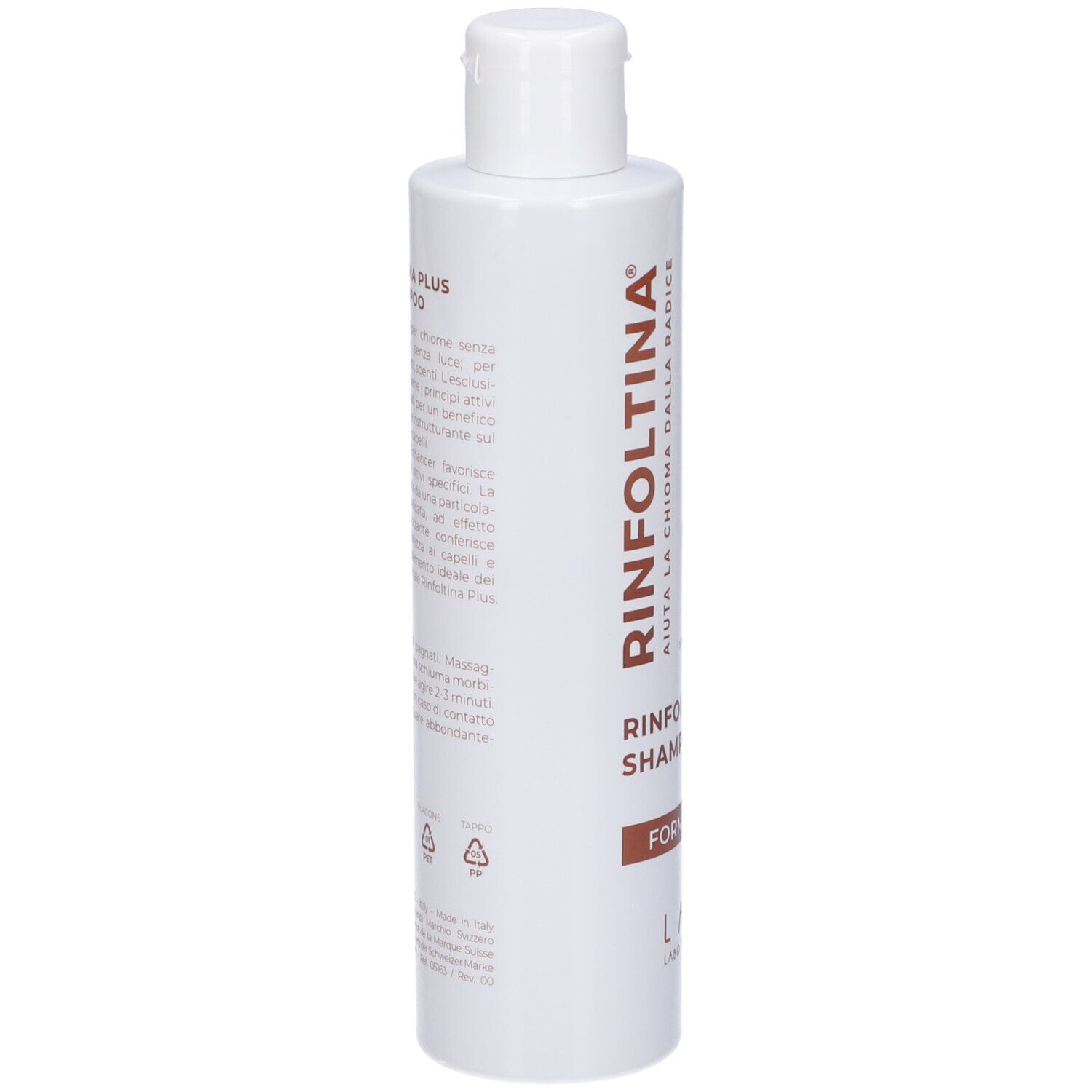 Flacone bianco con testo marrone. Scritta: Rinfoltina Shampoo, Formula Plus, Labo. Testo sul retro.