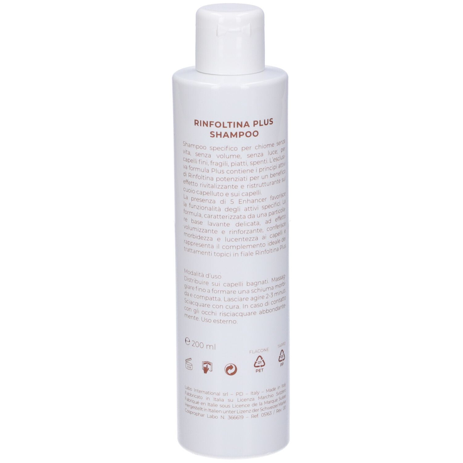 Flacone bianco con testo marrone. Scritta: Rinfoltina Shampoo, Formula Plus, Labo. Testo sul retro.