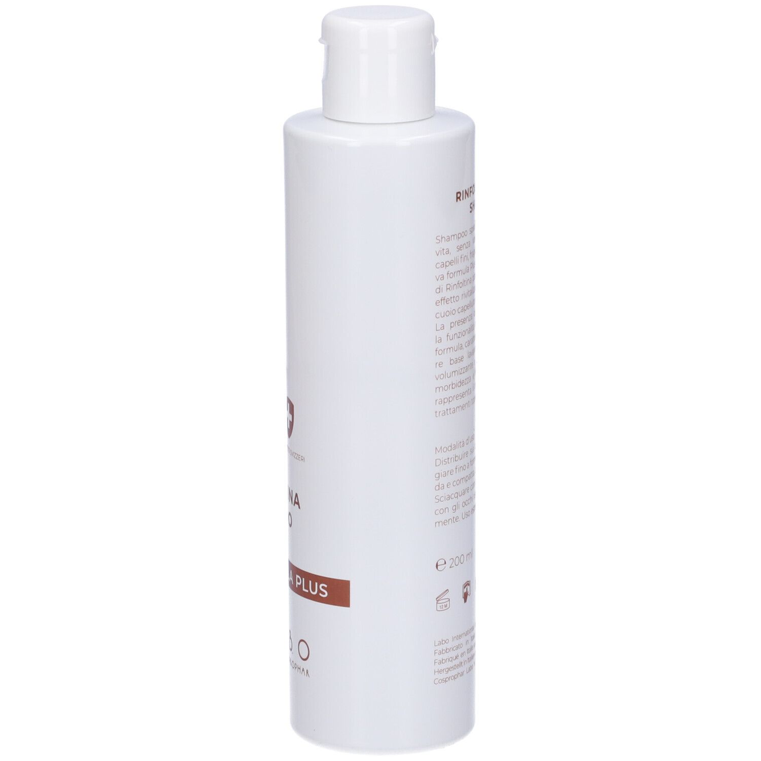 Flacone bianco con testo marrone. Scritta: Rinfoltina Shampoo, Formula Plus, Labo. Testo sul retro.