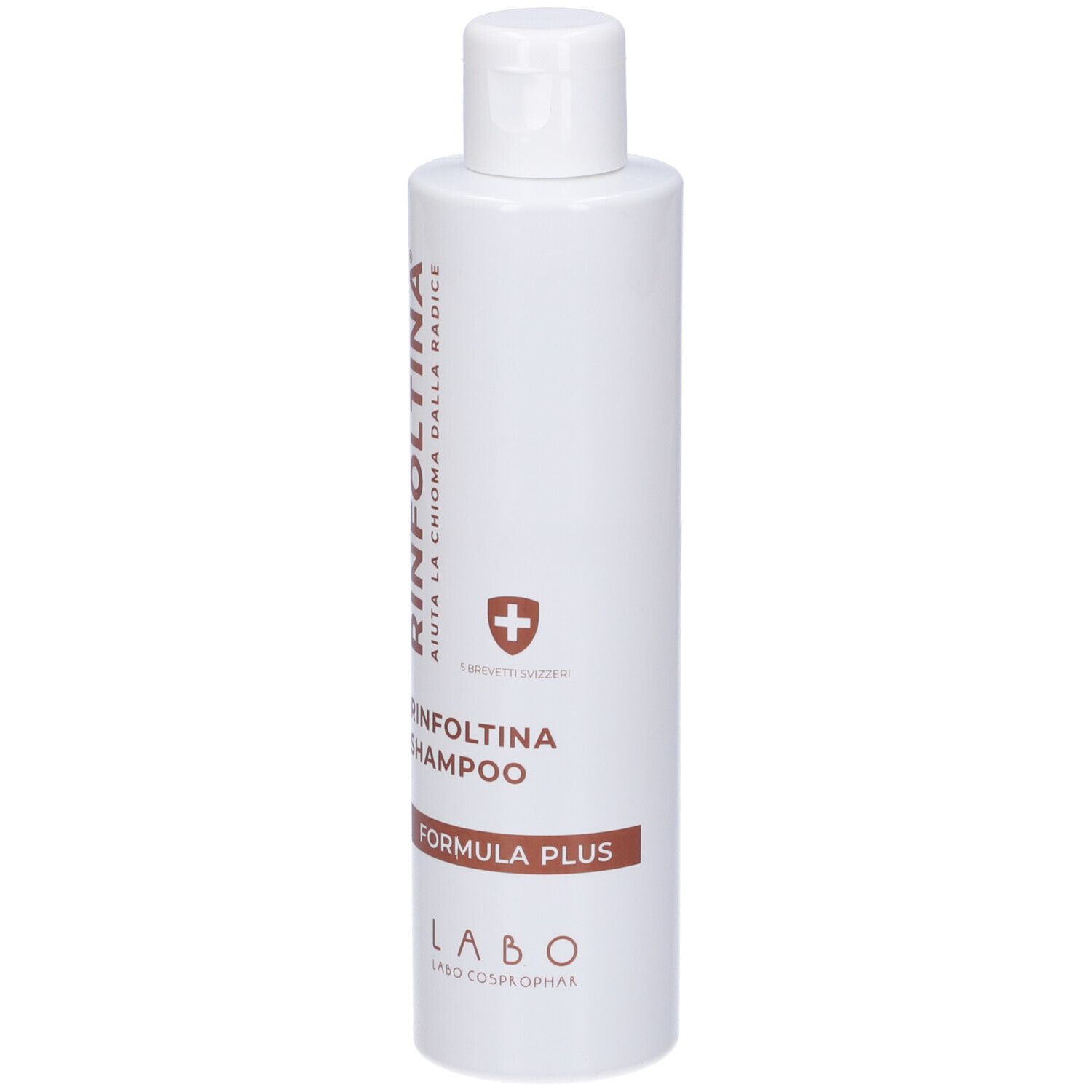 Flacone bianco con testo marrone. Scritta: Rinfoltina Shampoo, Formula Plus, Labo. Con tappo a ribalta.