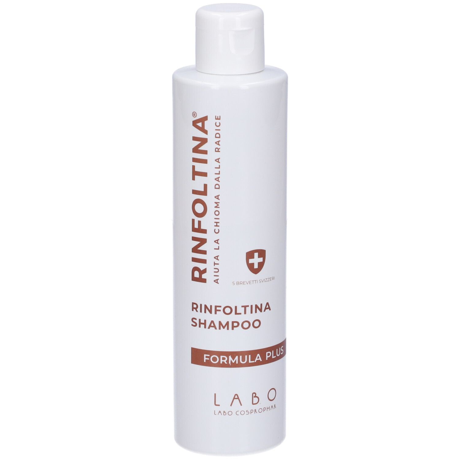Flacone bianco con testo marrone. Scritta: Rinfoltina Shampoo, Formula Plus, Labo. Con tappo a ribalta.