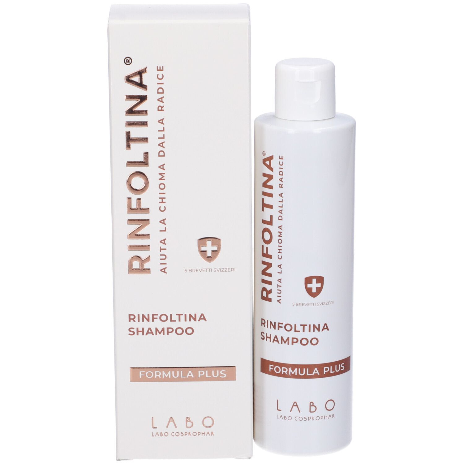Confezione e flacone. Scritta: Rinfoltina Shampoo, Formula Plus, Labo. Confezione bianca.