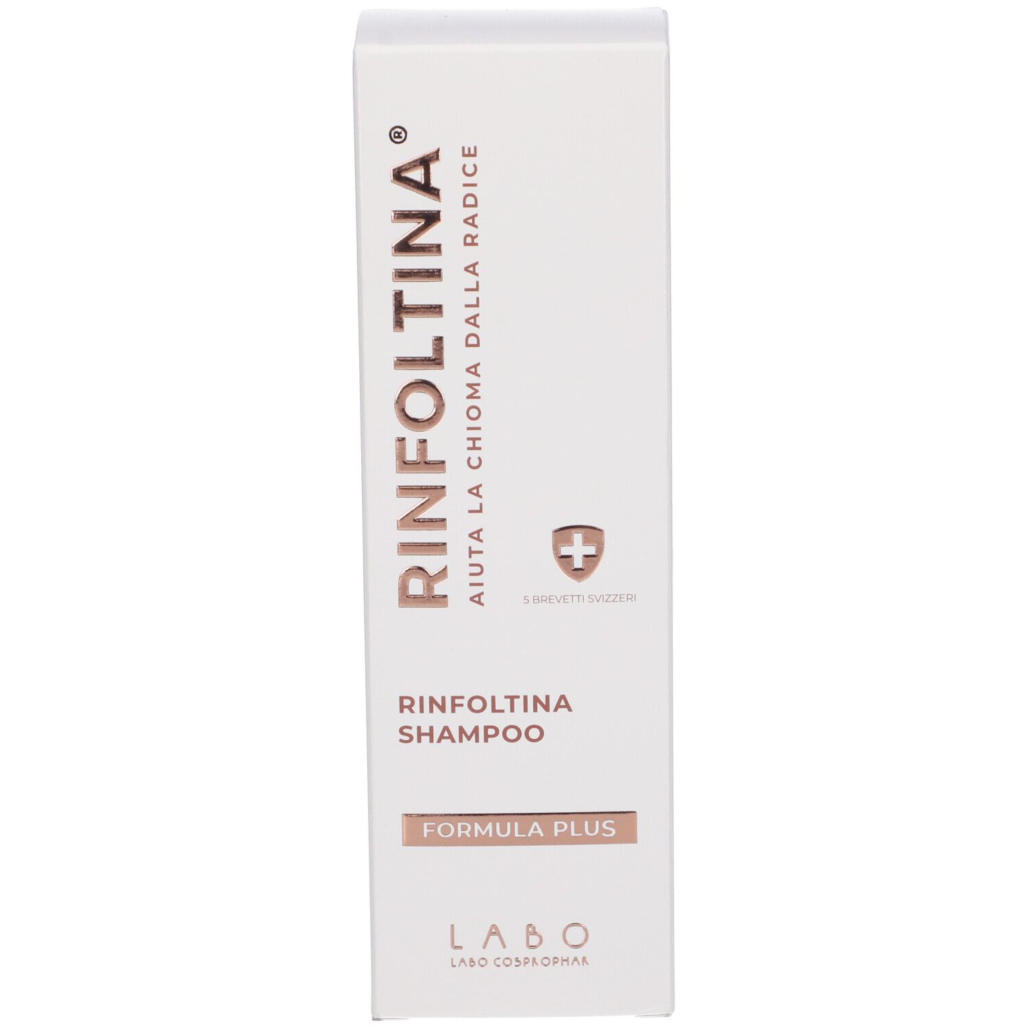 Confezione bianca. Scritta: Rinfoltina Shampoo, Formula Plus, Labo. Testo marrone.