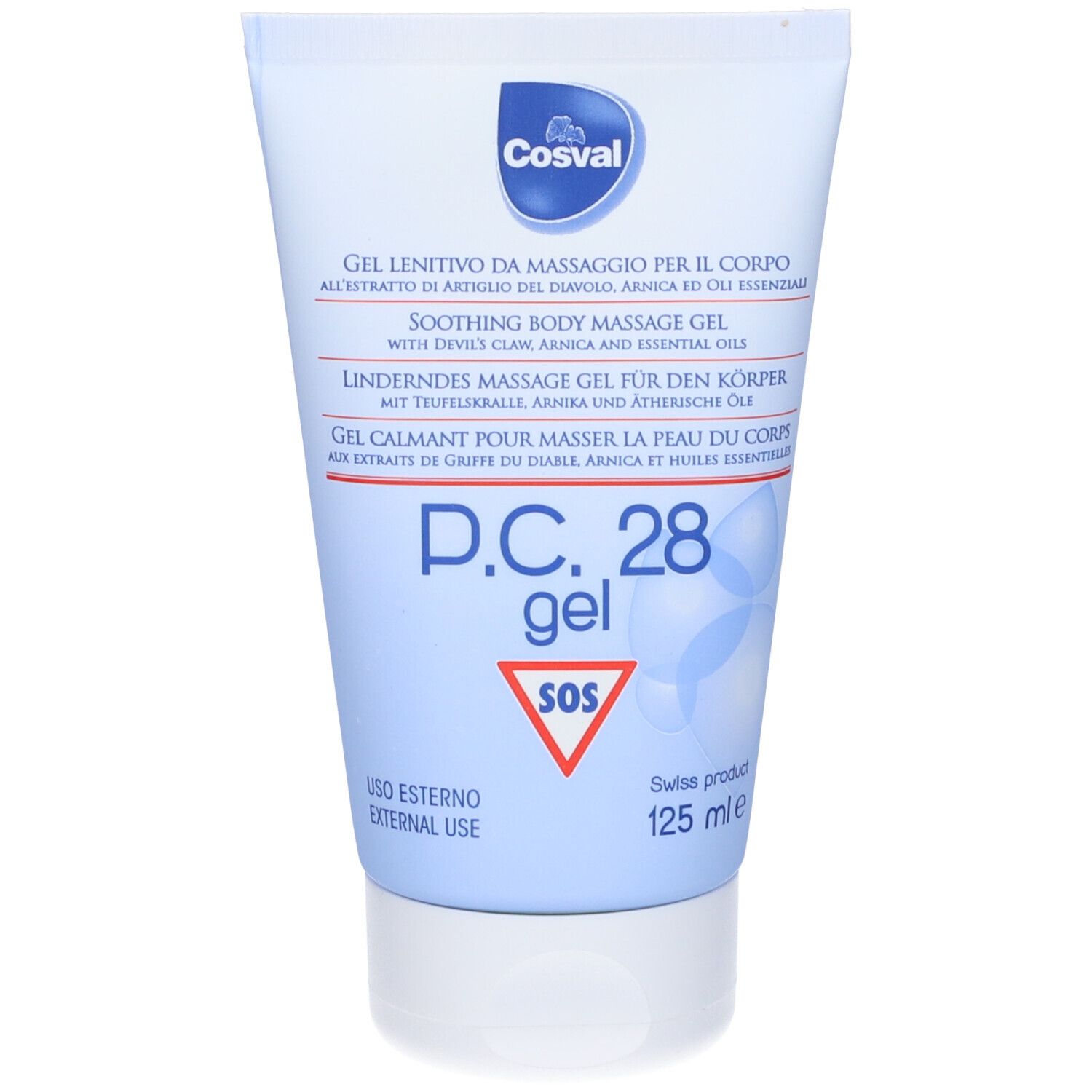 Tubo blu e bianco. Scritta: Cosval, D.C. 28 gel, simbolo SOS. Testo in tedesco, italiano, inglese e francese. 125 ml.
