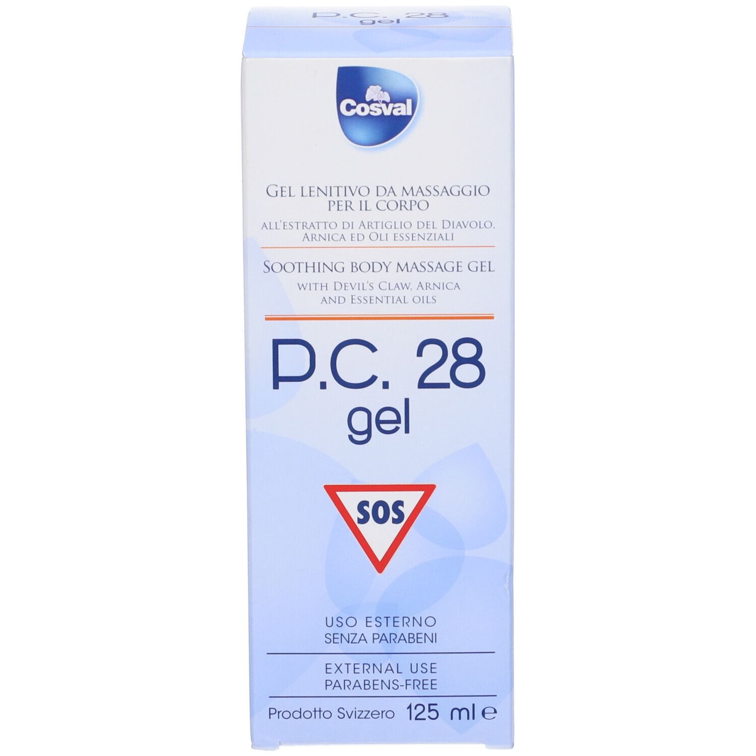 Confezione del prodotto. Scritta: Cosval, D.C. 28 gel, simbolo SOS. Testo in tedesco, italiano, inglese e francese. 125 ml.