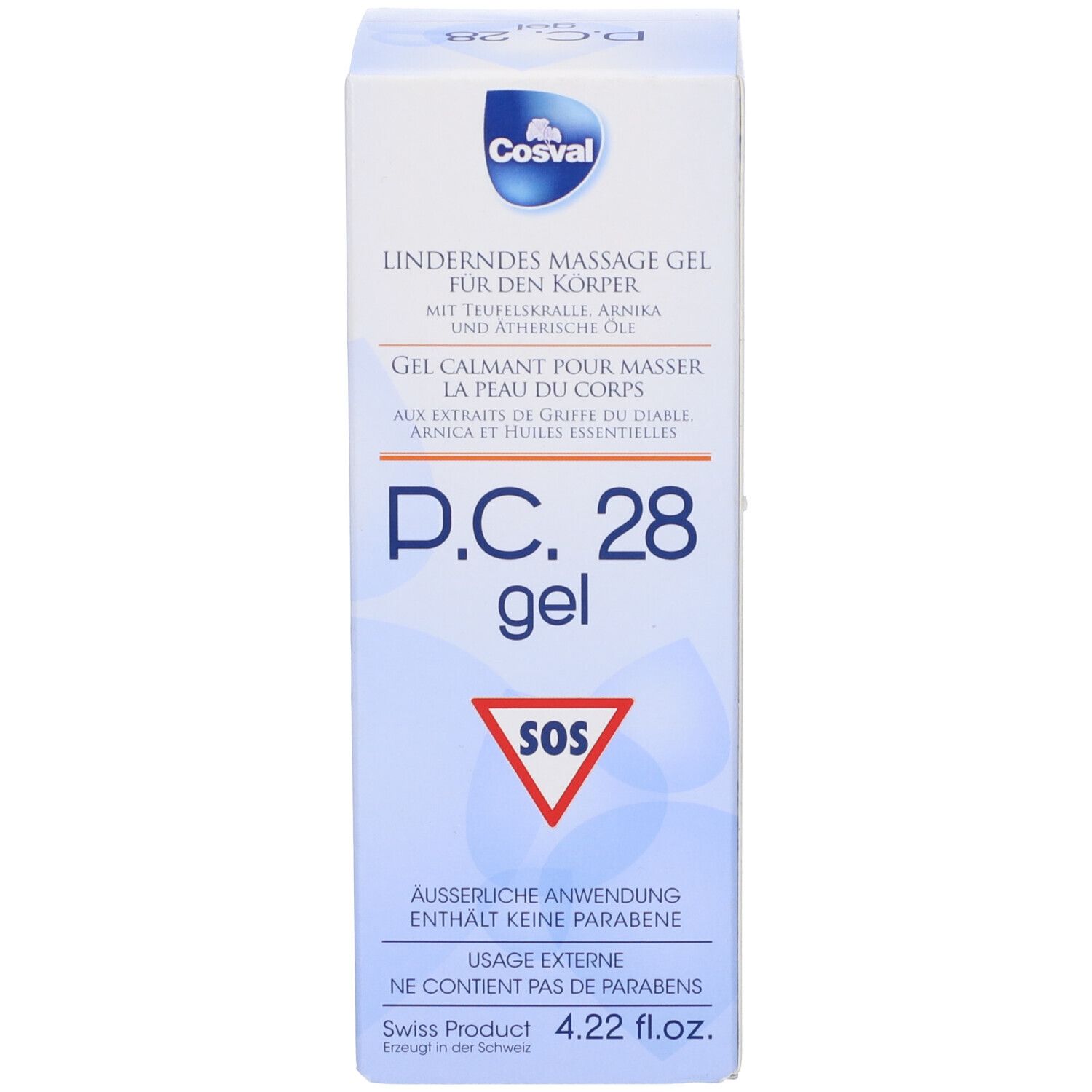Confezione del prodotto. Scritta: Cosval, D.C. 28 gel, simbolo SOS. Testo in tedesco, italiano, inglese e francese. 4.22 fl.oz.