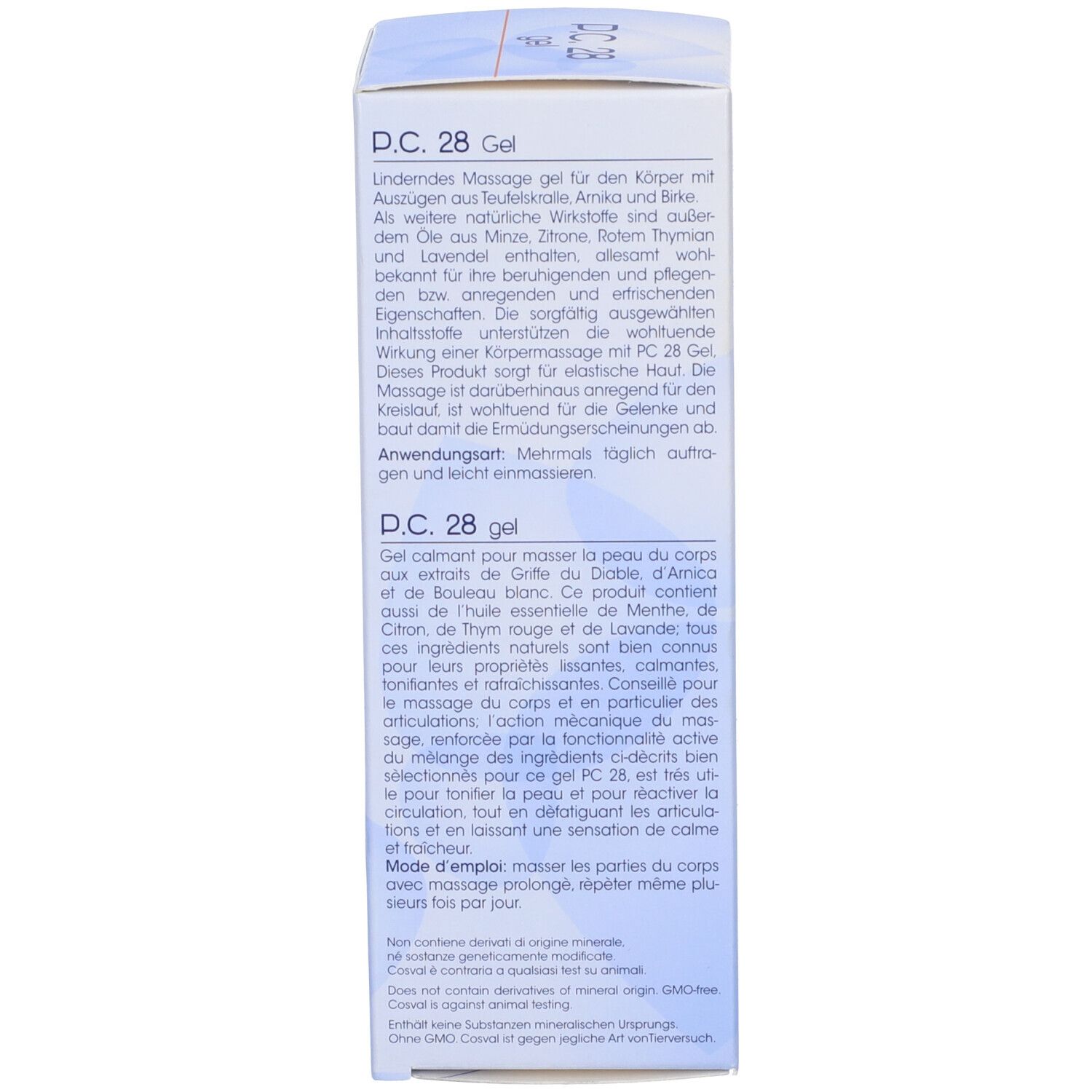 Lato della confezione del prodotto. Testo in tedesco, italiano, inglese e francese. Contiene ingredienti come menta, limone, timo e lavanda.