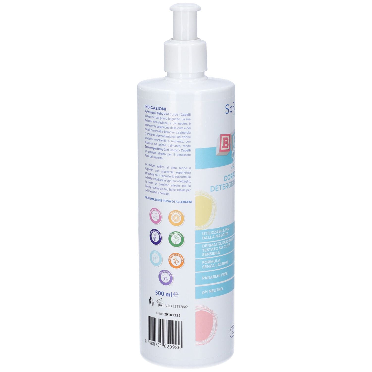 Weiße Pumpflasche mit Etikett, 500 ml, für Körper und Haar.