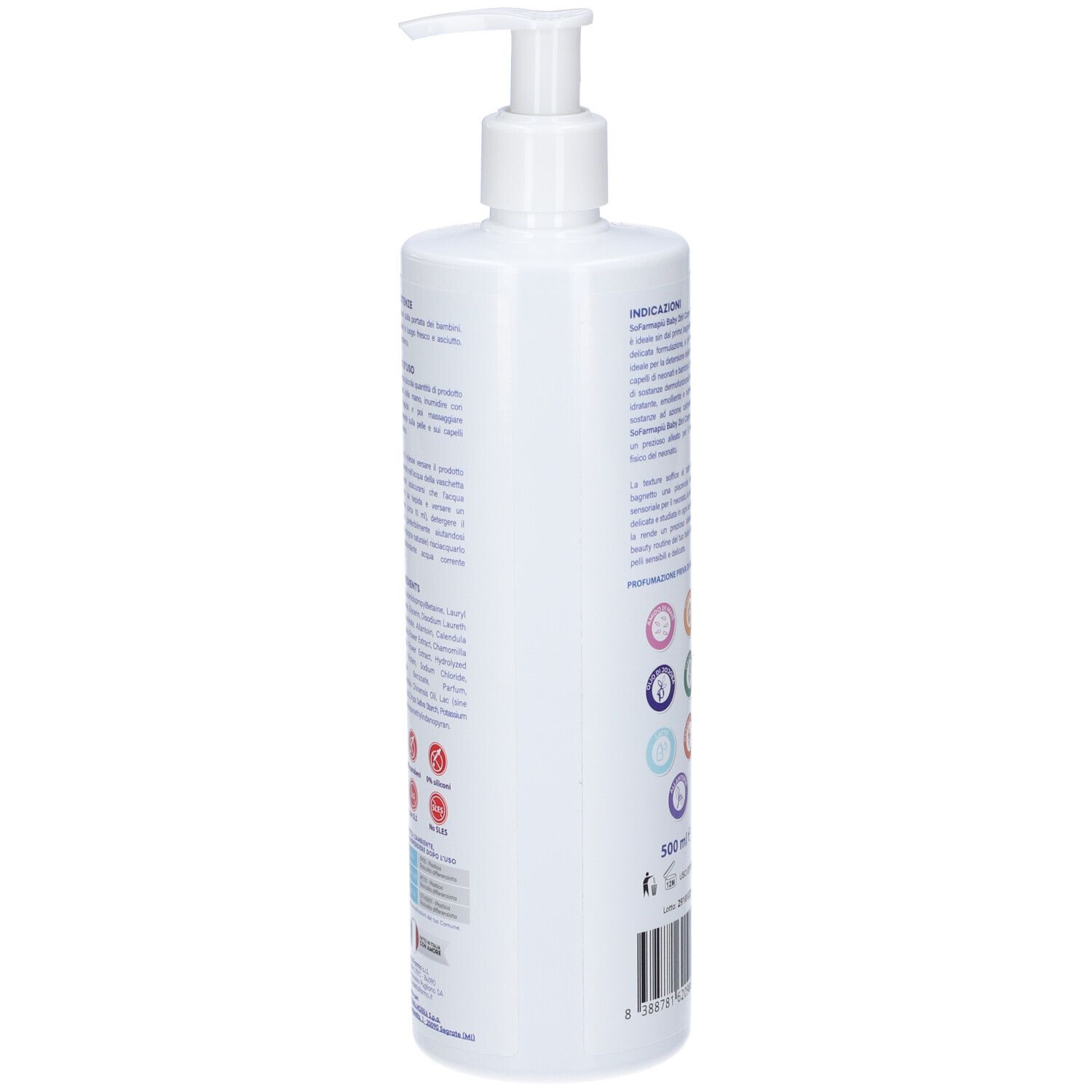 Weiße Pumpflasche mit Text und Symbolen. 500 ml Angabe sichtbar.