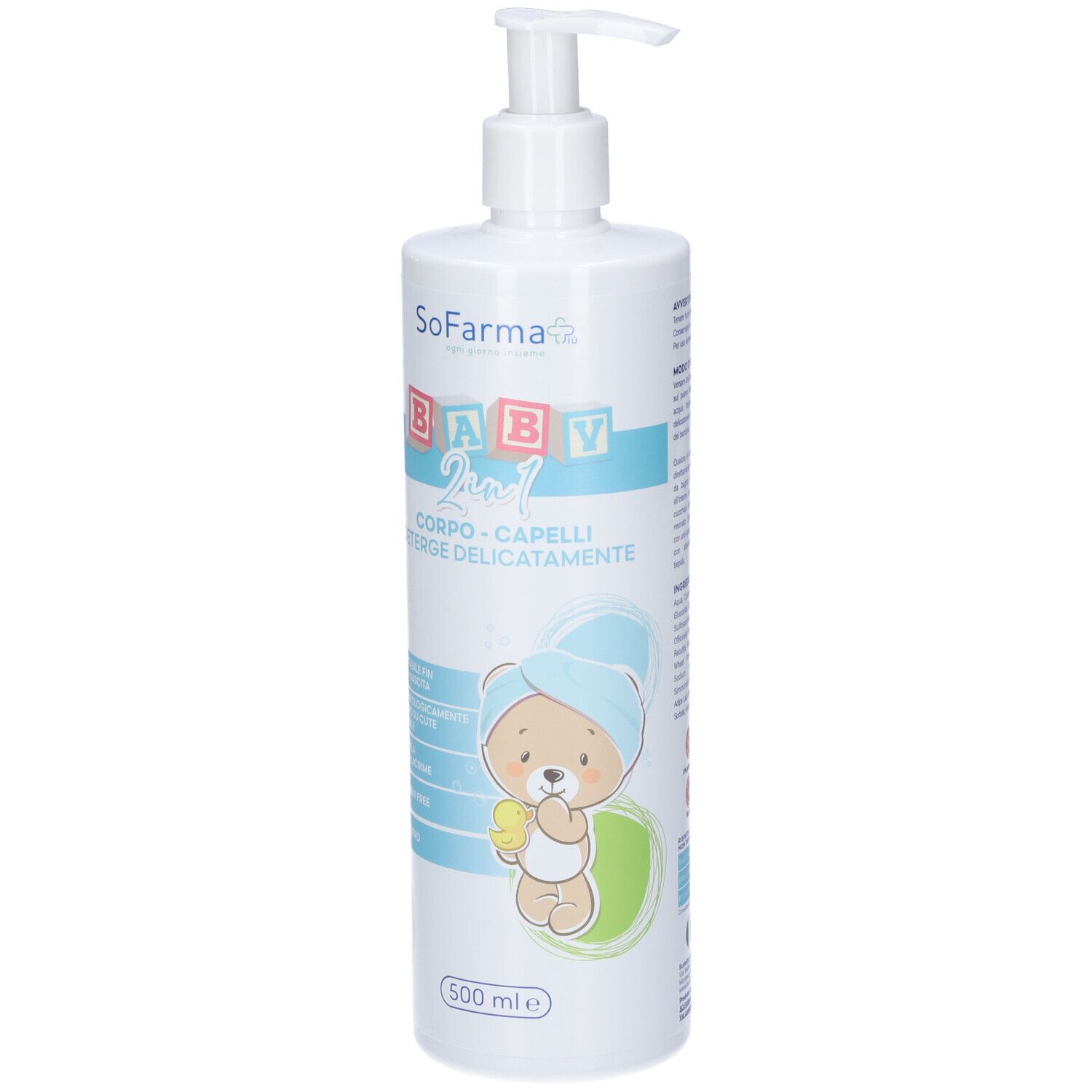 Weiße Pumpeflasche mit Baby 2-in-1 Körper- und Haarwaschmittel, 500 ml.