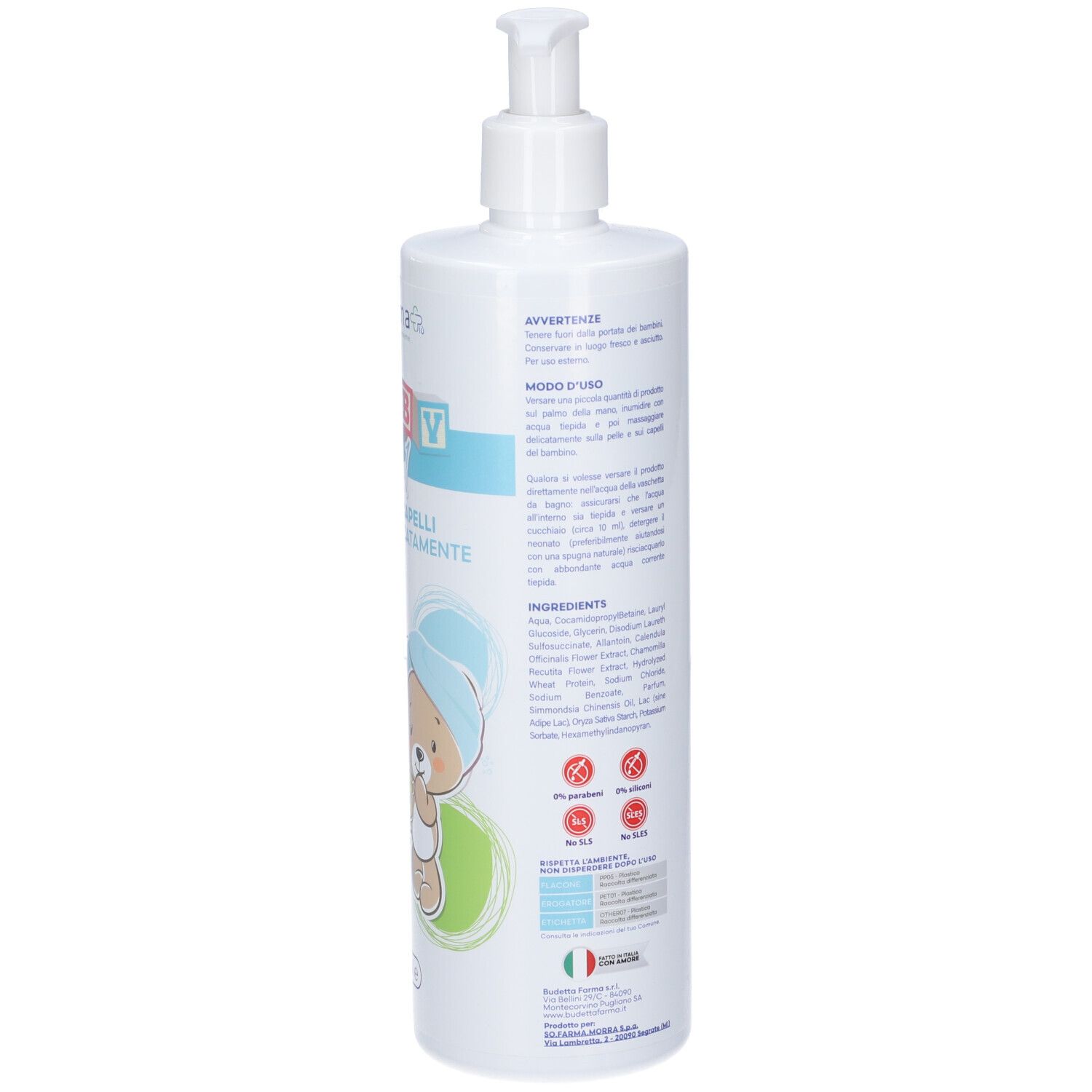 Weiße Pumpflasche mit blauer und roter Beschriftung und einem Babykopf-Symbol.