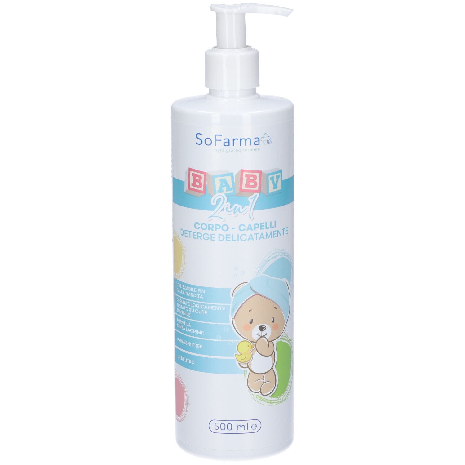 Weiße Pumpflasche mit SoFarma Baby 2in1 Körper-Haar-Waschmittel. 500 ml.
