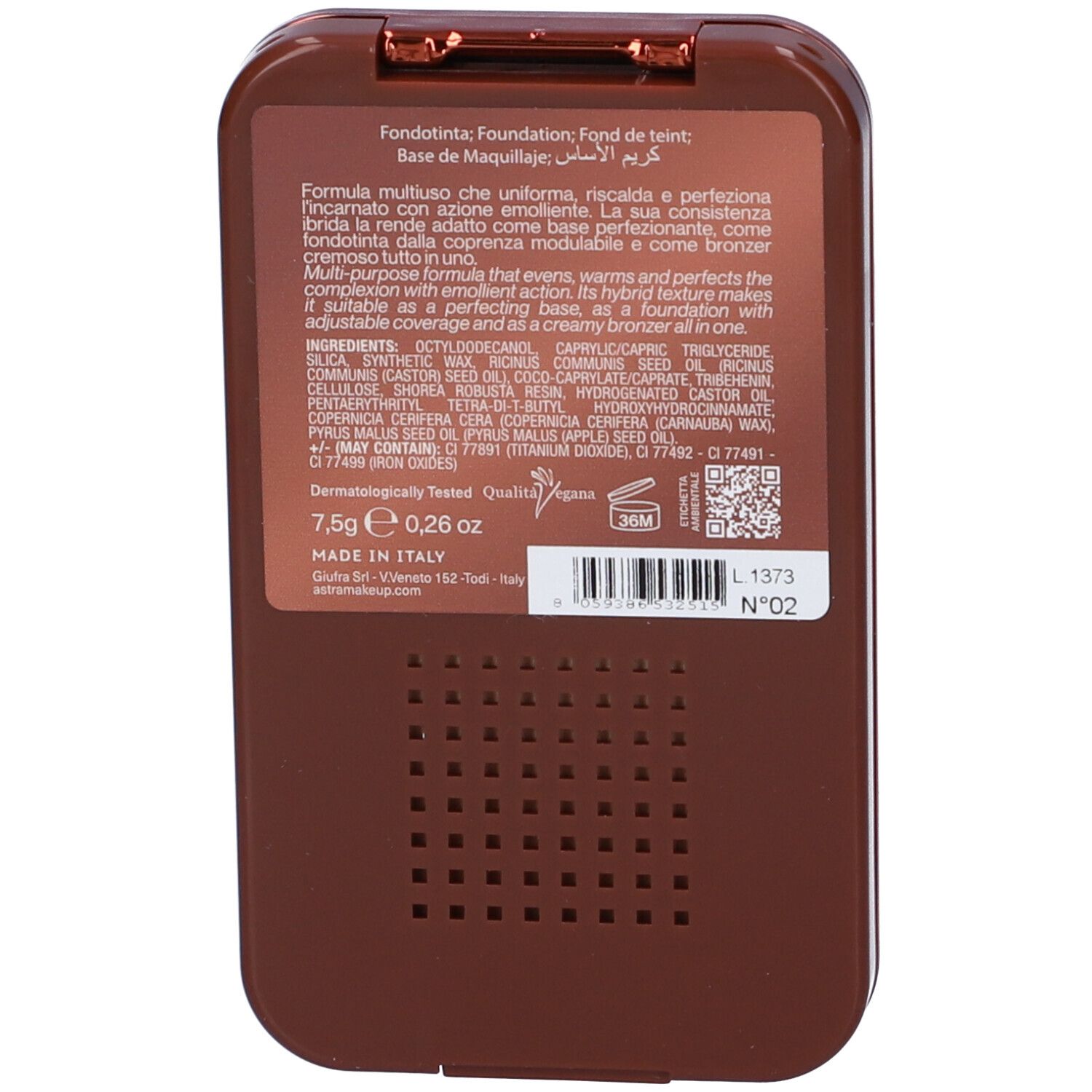 Retro del balsamo trucco compatto. Contiene informazioni sul prodotto e ingredienti.