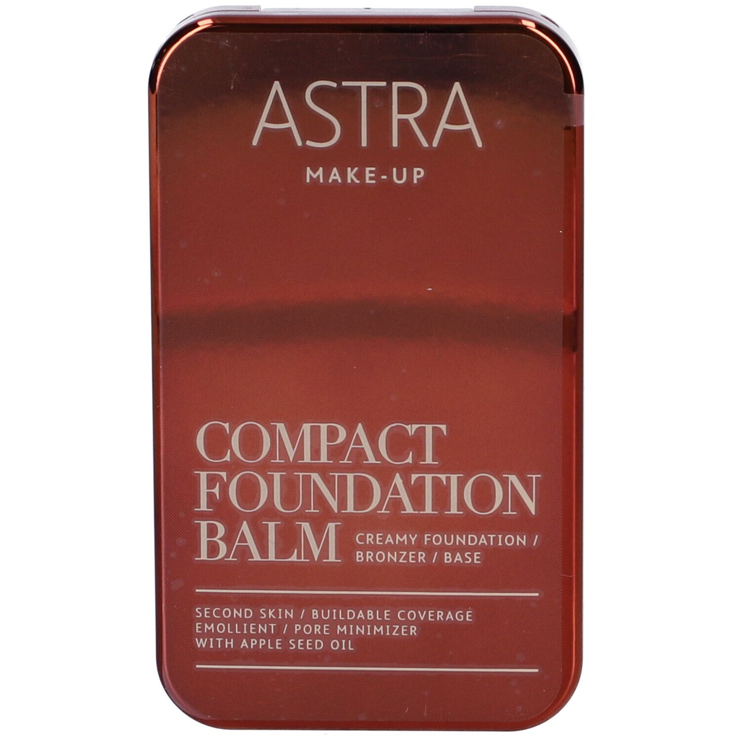 Confezione compatta rettangolare chiusa. Testo: ASTRA MAKE-UP, COMPACT FOUNDATION BALM.