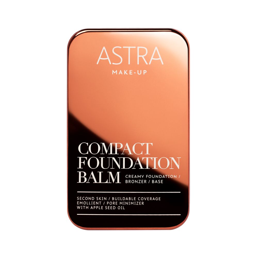 Confezione compatta rettangolare chiusa. Testo: ASTRA MAKE-UP, COMPACT FOUNDATION BALM.