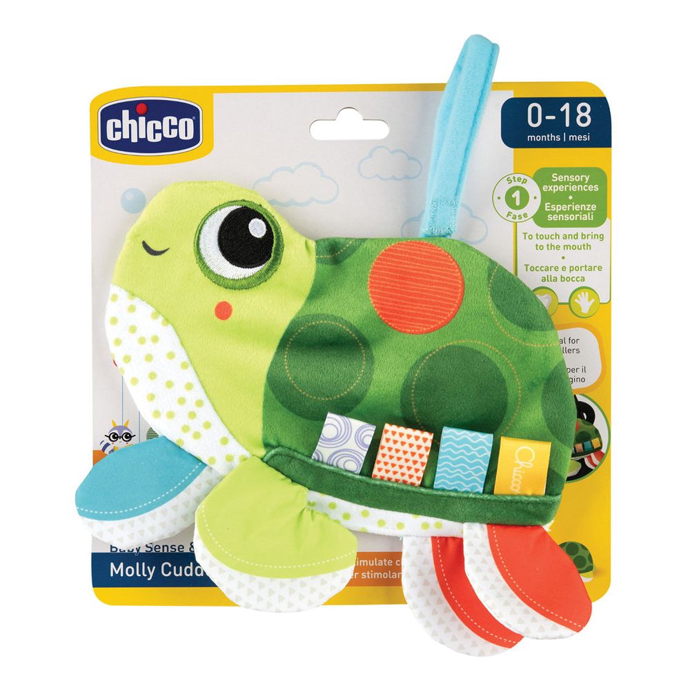 Chicco Trillino Molly Tarta. Tartaruga in tessuto verde e verde chiaro. Dettagli colorati ed etichette. Su confezione.