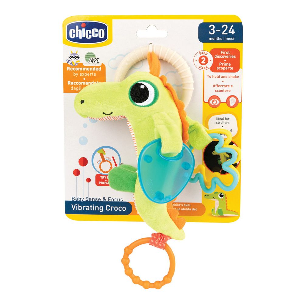 Grünes Krokodil-Spielzeug mit Beißring und Rassel, Chicco Marke.