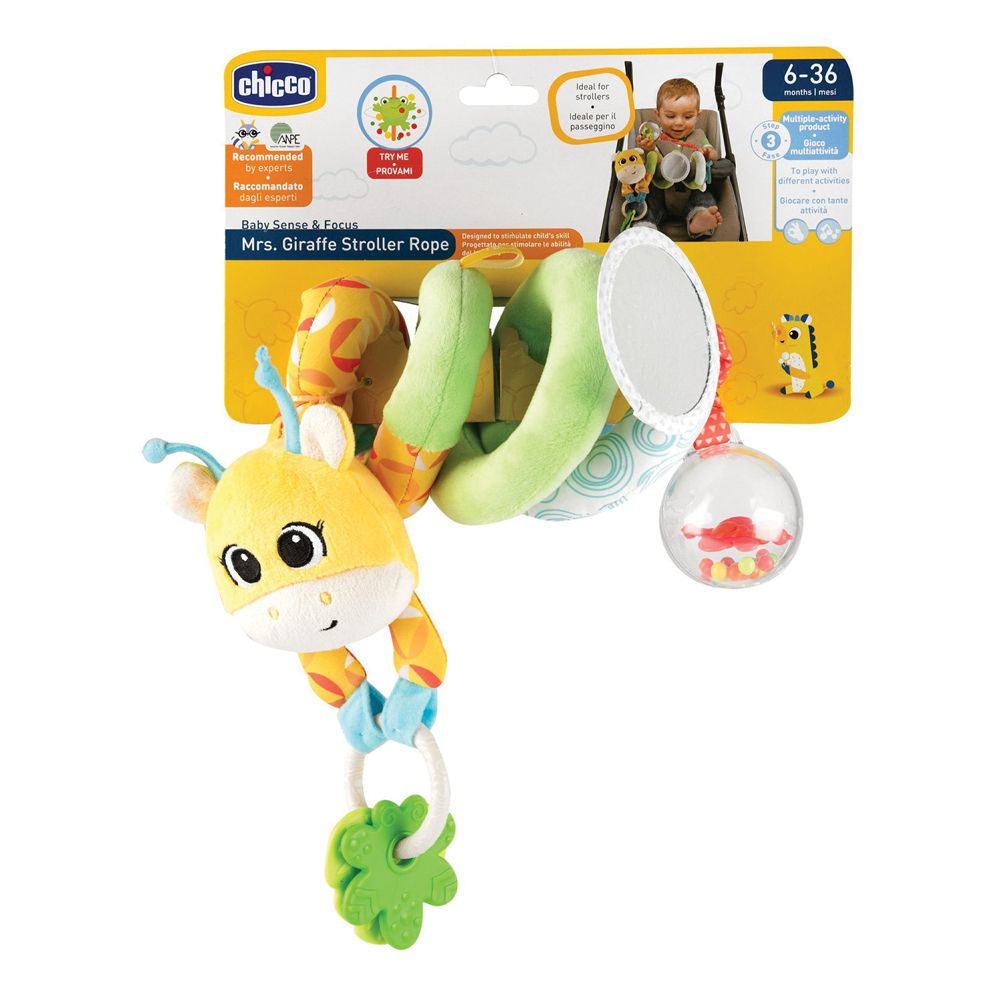 Giocattolo giraffa Chicco. Giallo, verde e arancione. Con specchio, anello per dentizione e sonaglio. Per bambini 6-36 mesi.