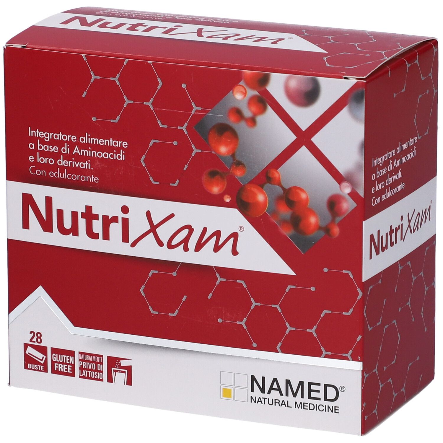 Scatola rossa "NutriXam". Contiene 28 bustine. Senza glutine, senza lattosio. Marchio: NAMED.