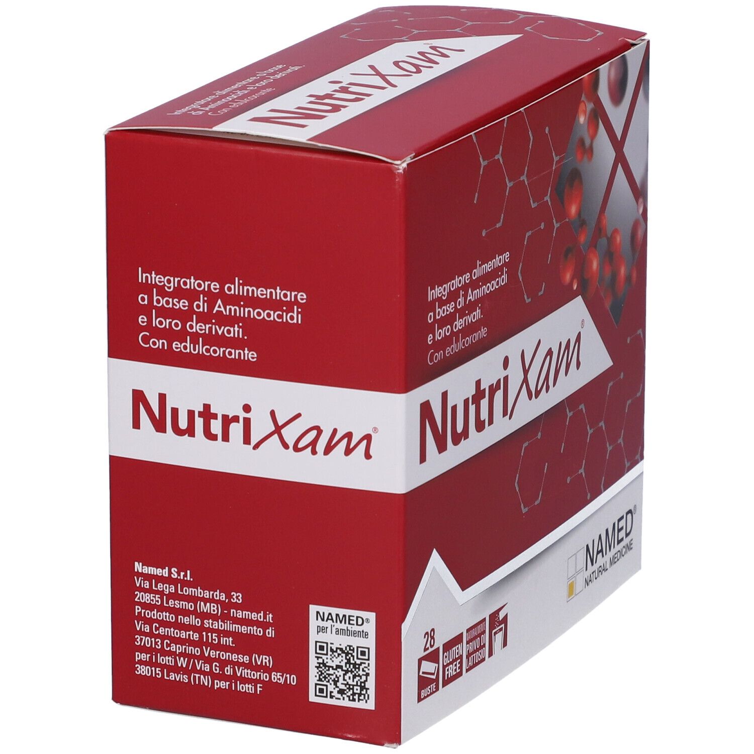 Scatola rossa "NutriXam" in prospettiva. Testo: Integratore alimentare a base di aminoacidi. Marchio: NAMED.