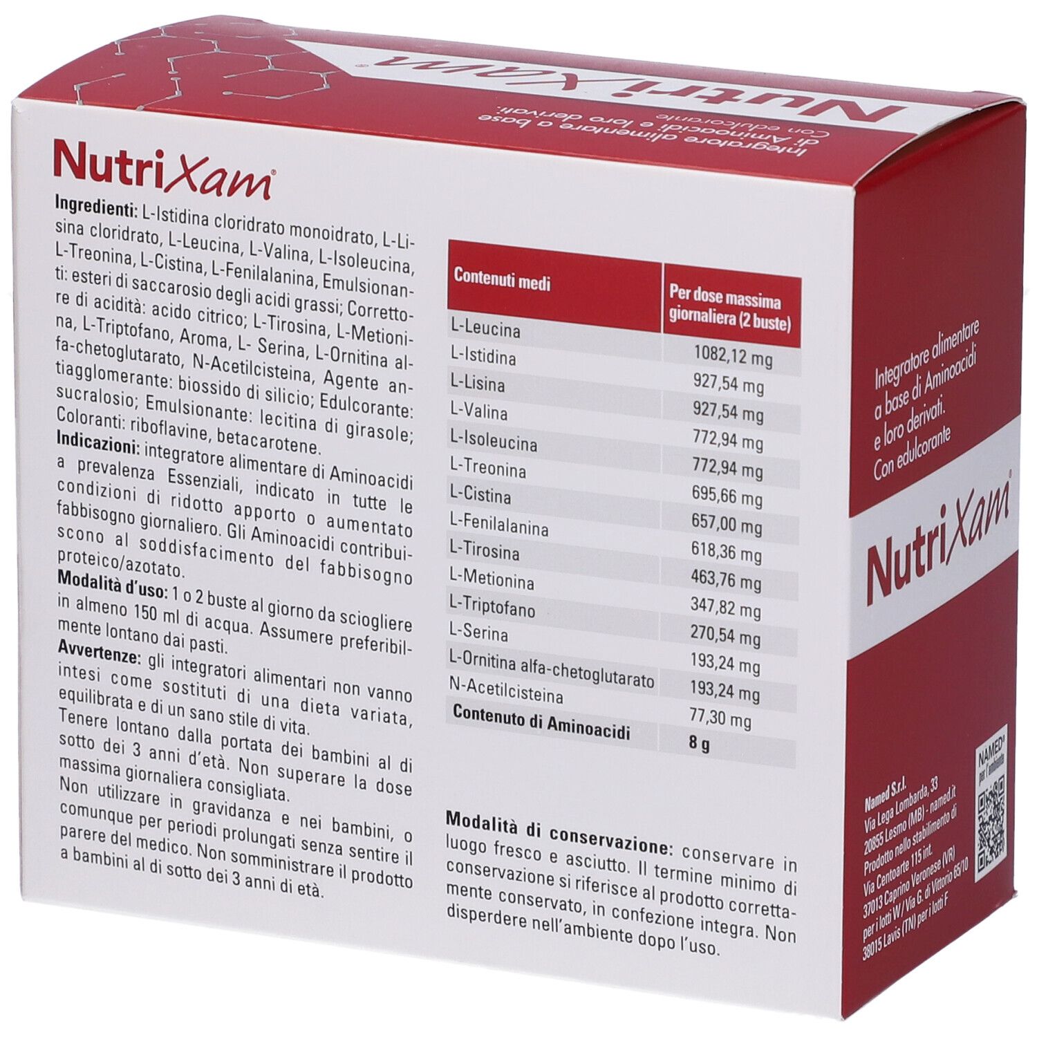 Scatola rossa "NutriXam". Retro con ingredienti e informazioni nutrizionali. Testo in italiano.