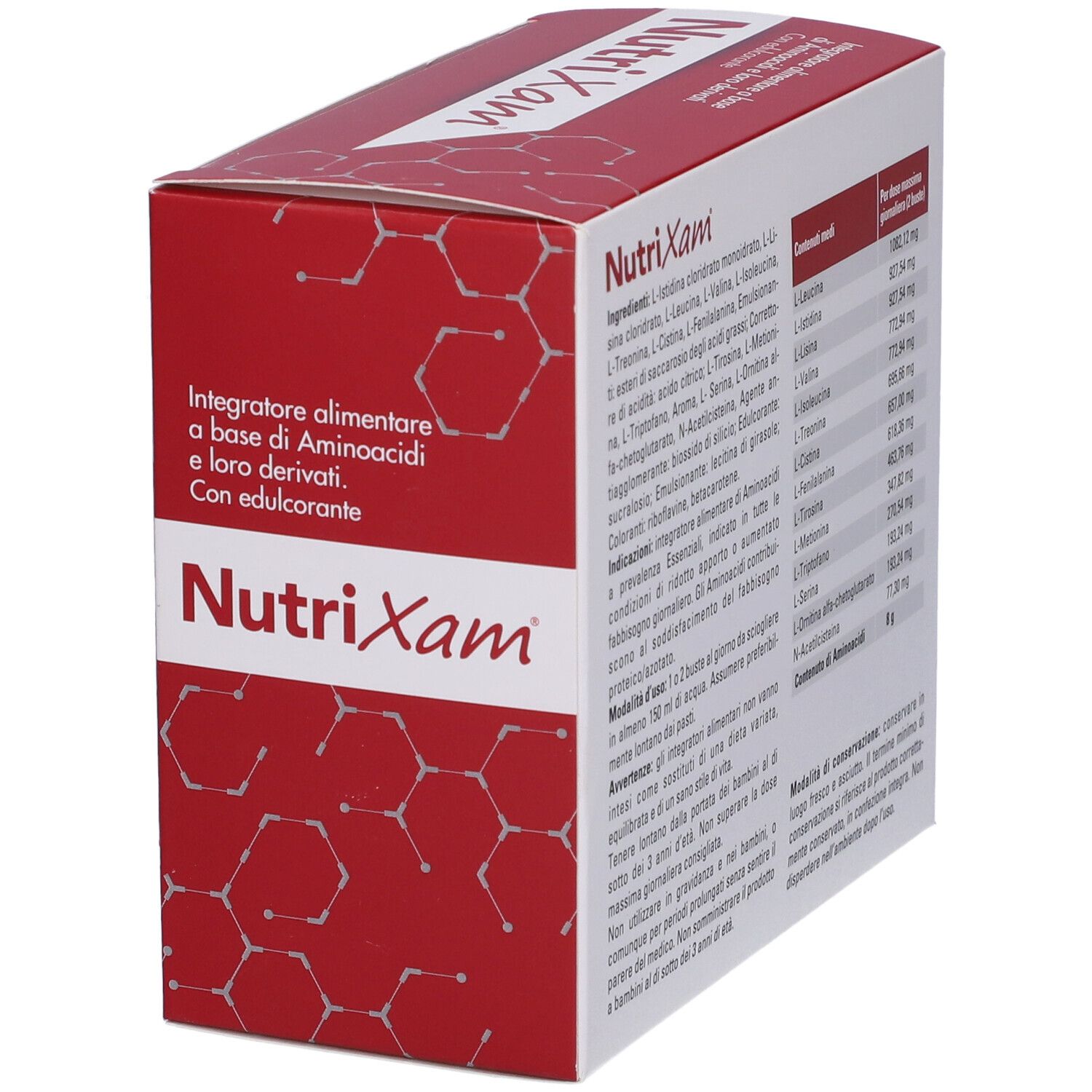 Scatola rossa "NutriXam" con testo. Contiene informazioni sul prodotto. Testo in italiano.