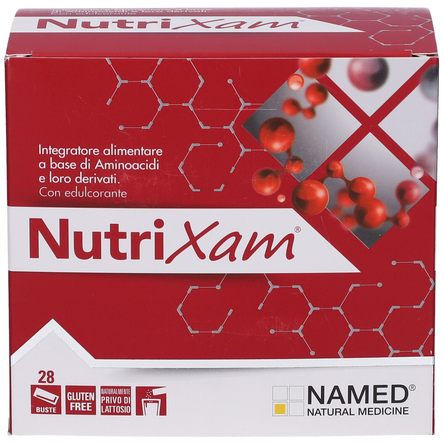 Scatola rossa "NutriXam". Contiene 28 bustine. Senza glutine, senza lattosio. Marchio: NAMED. Dettaglio.