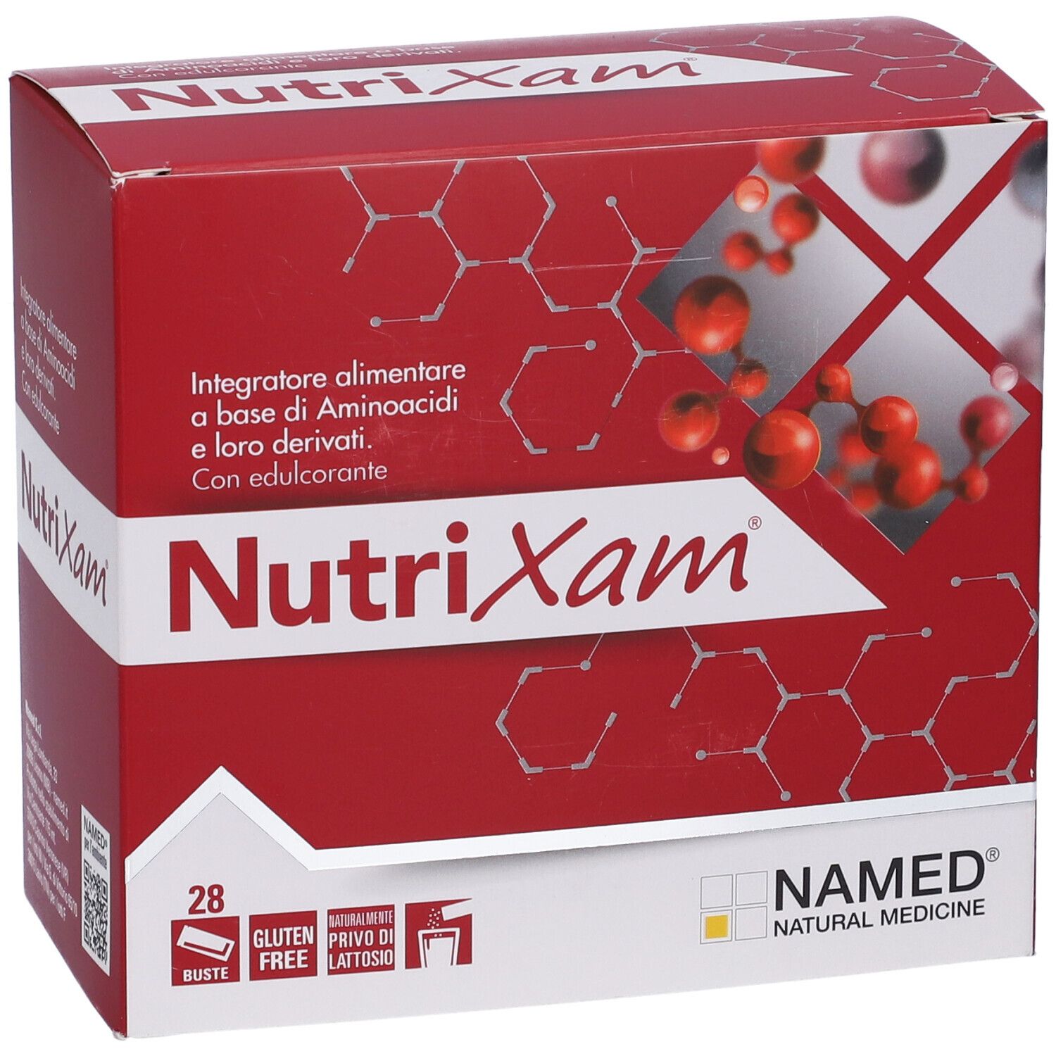 Scatola rossa "NutriXam". Contiene 28 bustine. Senza glutine, senza lattosio. Marchio: NAMED. Primo piano.