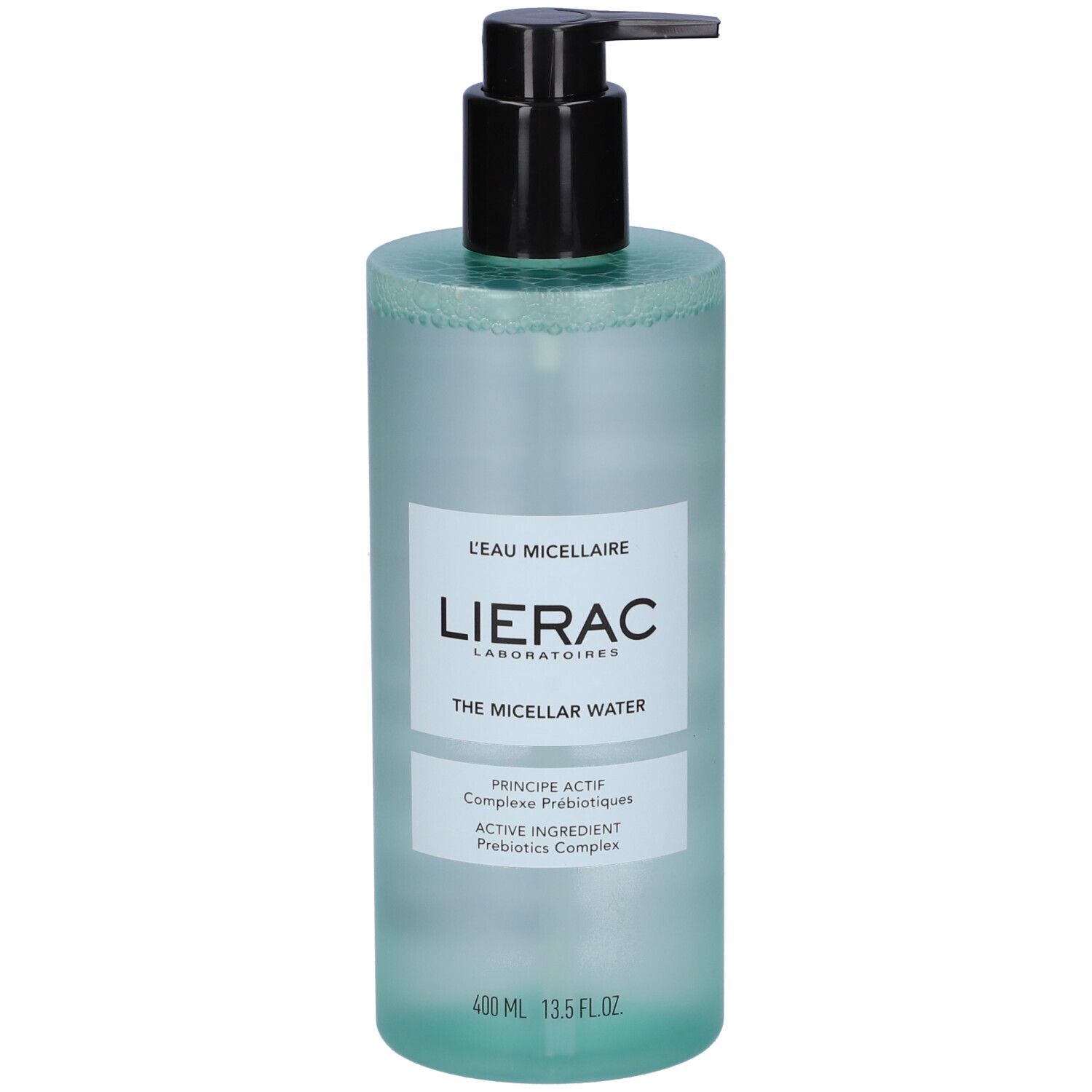 Zylindrische Flasche mit schwarzem Pumpkopf. Aufschrift: Lierac, L'Eau Micellaire, The Micellar Water.