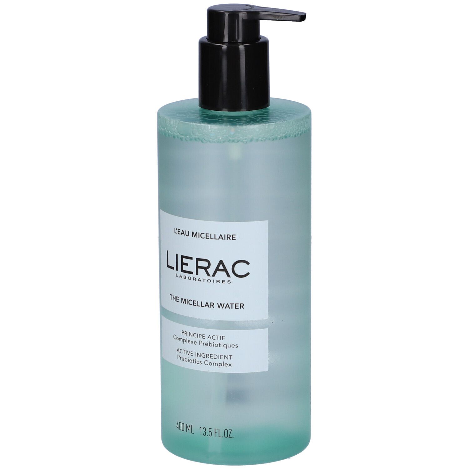 Zylindrische Flasche mit schwarzem Pumpkopf. Aufschrift: Lierac, L'Eau Micellaire, The Micellar Water.