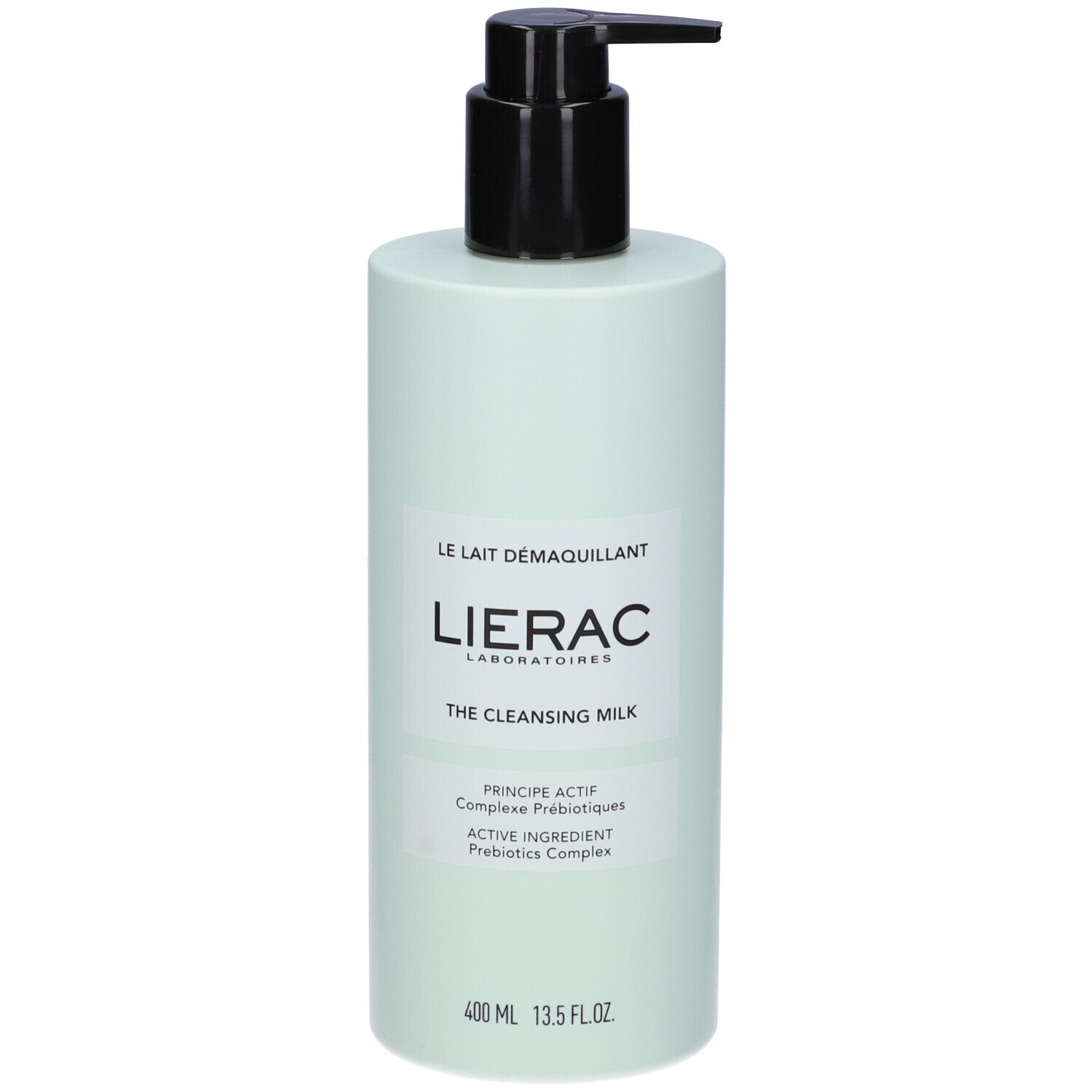 Flacone verde chiaro con dosatore nero. Scritta: Lierac, The Cleansing Milk. 400 ml.