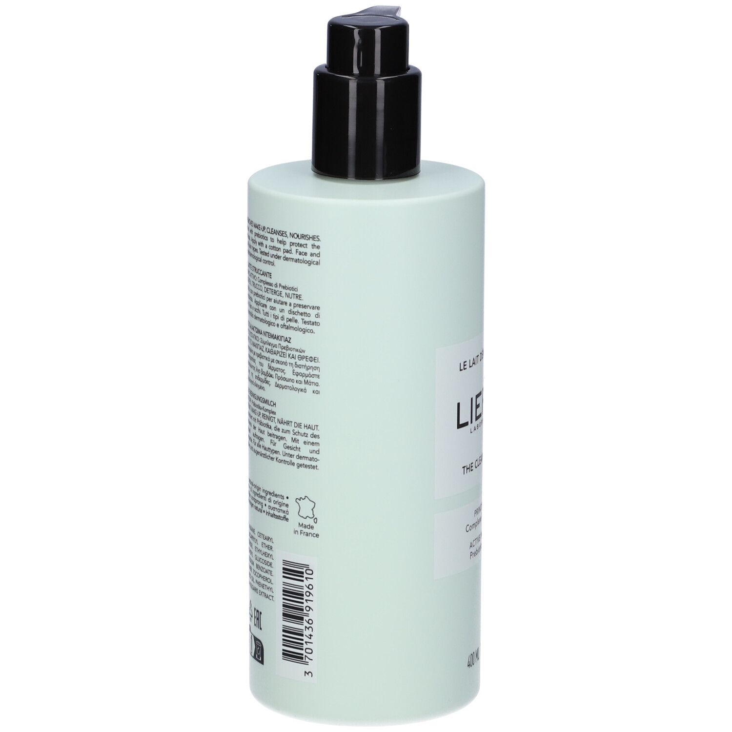 Flacone verde chiaro con dosatore nero. Retro con testo. Prodotto in Francia. 400 ml.