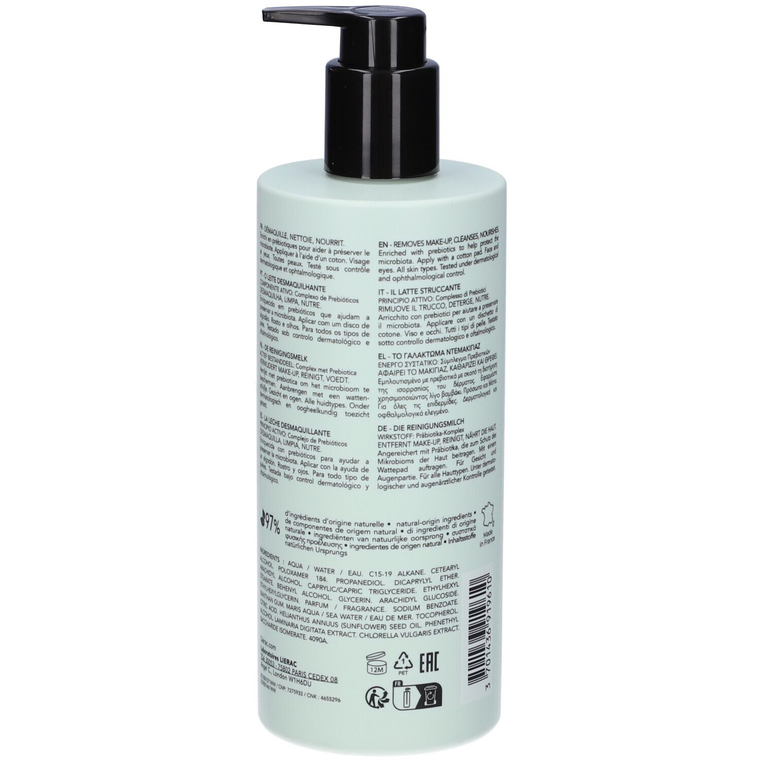 Flacone verde chiaro con dosatore nero. Retro con testo multilingue. 400 ml.