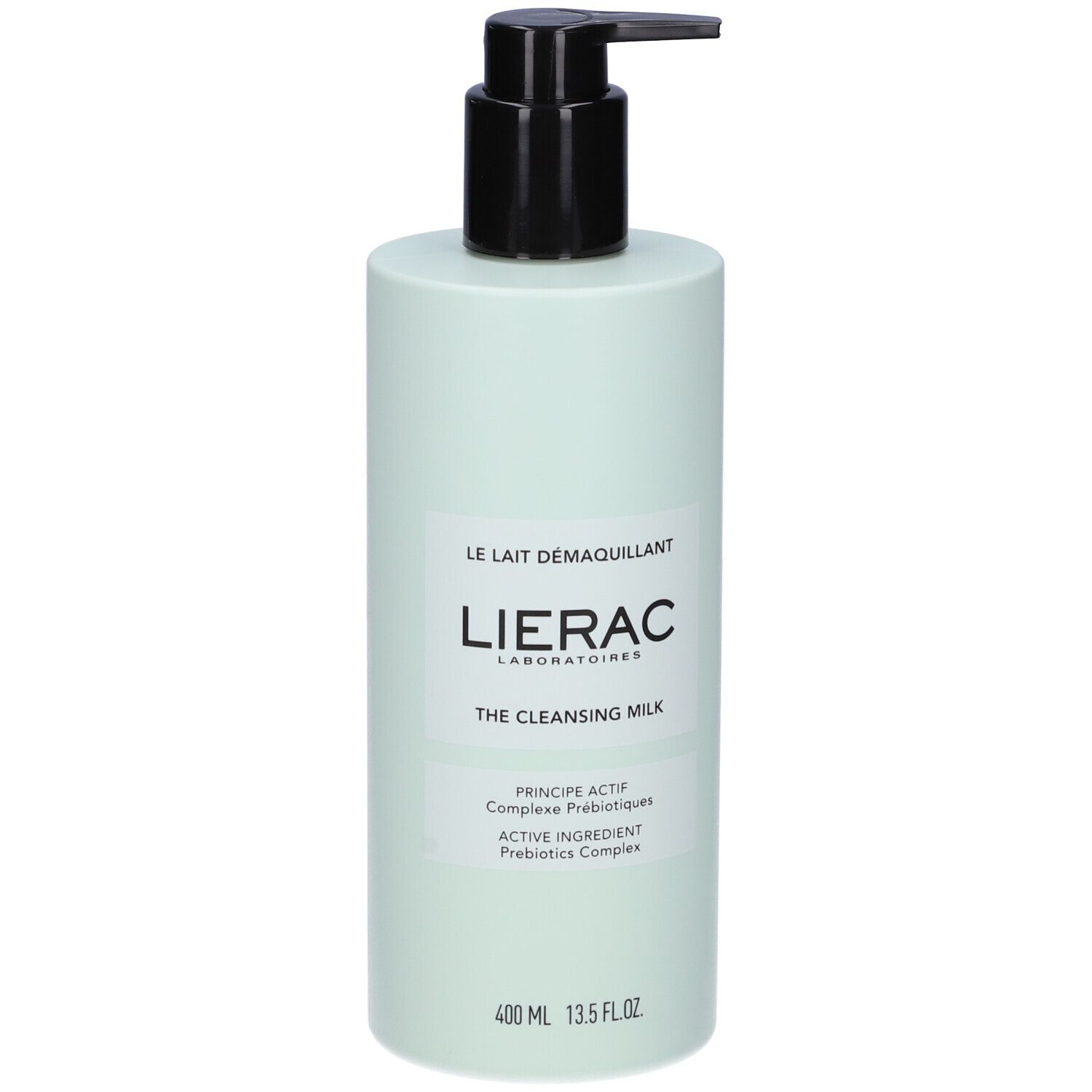 Flacone verde chiaro con dosatore nero. Scritta: Lierac, The Cleansing Milk. 400 ml.