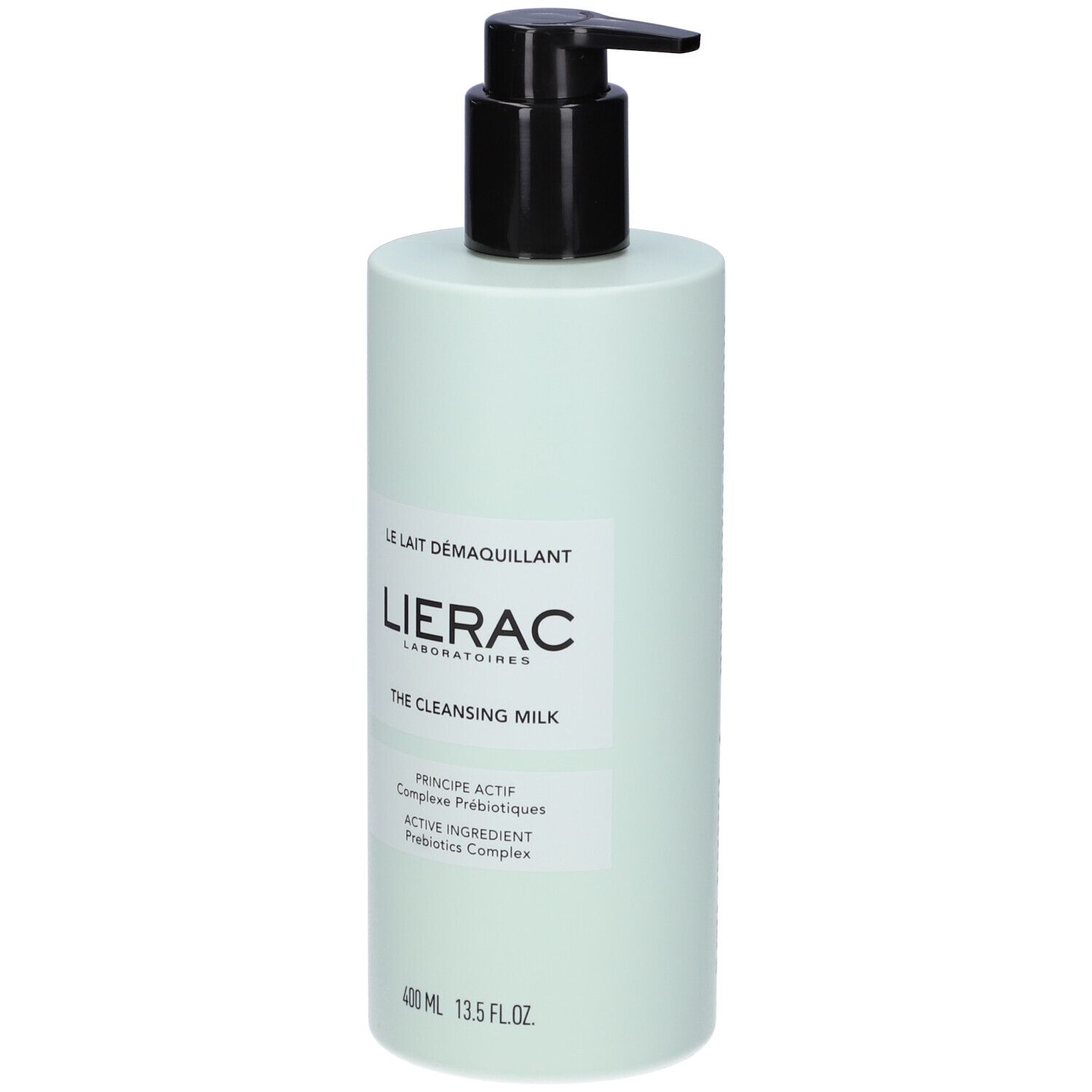 Flacone verde chiaro con dosatore nero. Scritta: Lierac, The Cleansing Milk. 400 ml.