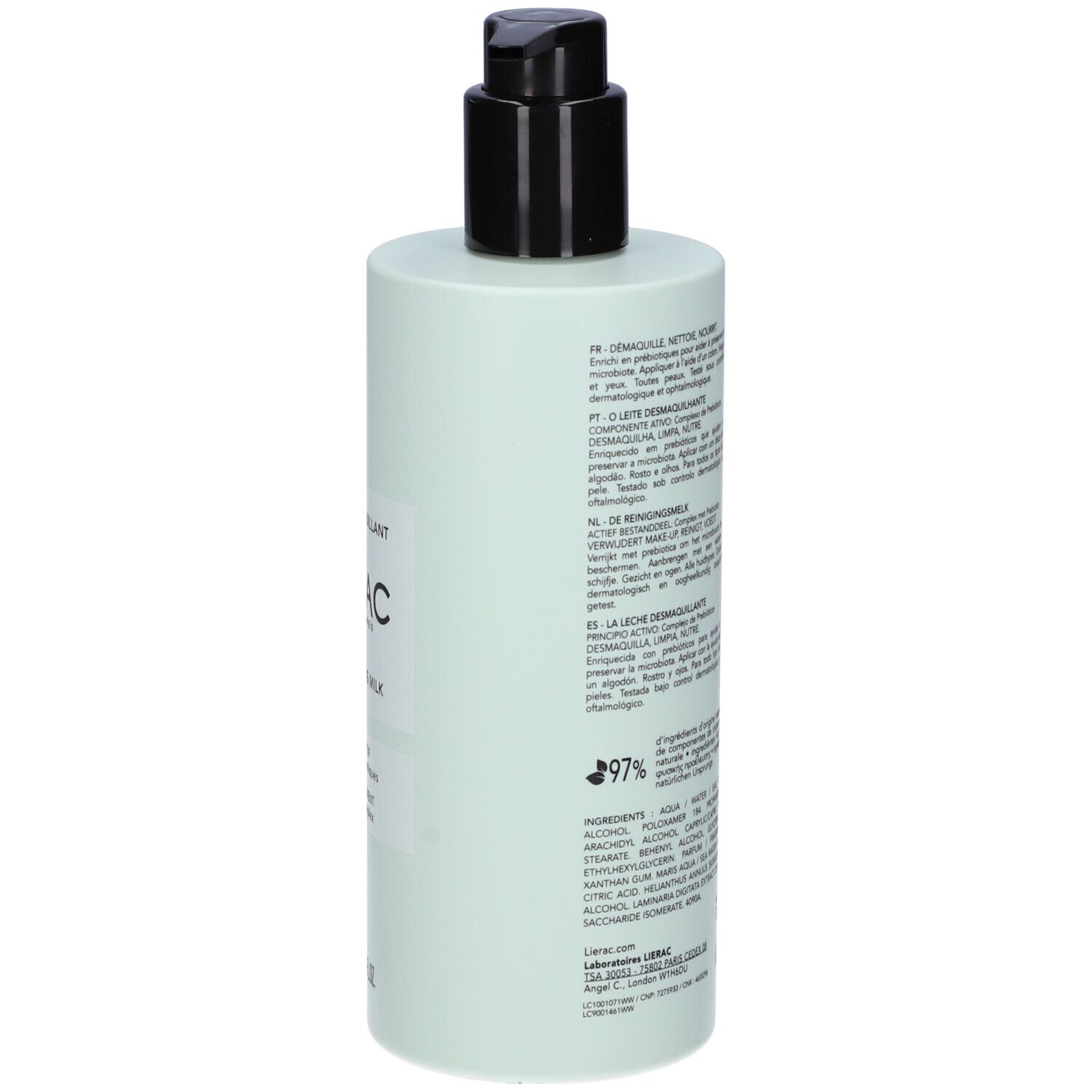Flacone verde chiaro con dosatore nero. Retro con testo e ingredienti. 97% naturale.