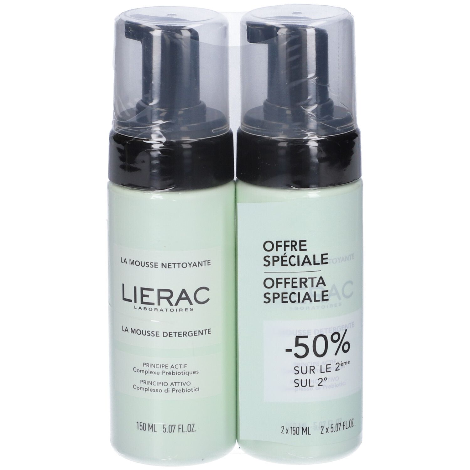 Due flaconi verdi con erogatore nero, confezionati. Scritta: Lierac, La Mousse Nettoyante, La Mousse Detergente. Offerta speciale.