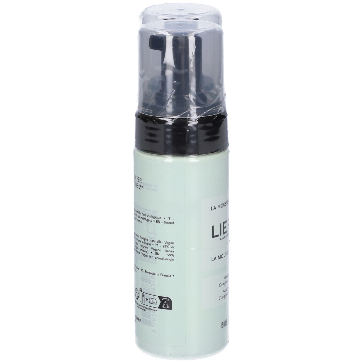 Flacone verde con erogatore nero. Scritta: Lierac, La Mousse Nettoyante, La Mousse Detergente. Informazioni sul prodotto.