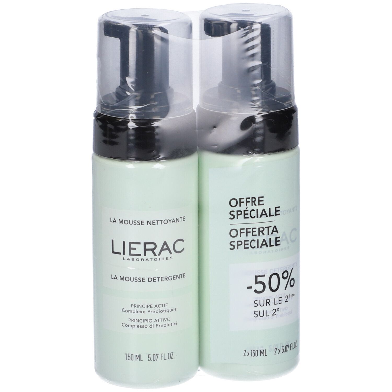 Due flaconi verdi con erogatore nero, confezionati. Scritta: Lierac, La Mousse Nettoyante, La Mousse Detergente. Offerta speciale.