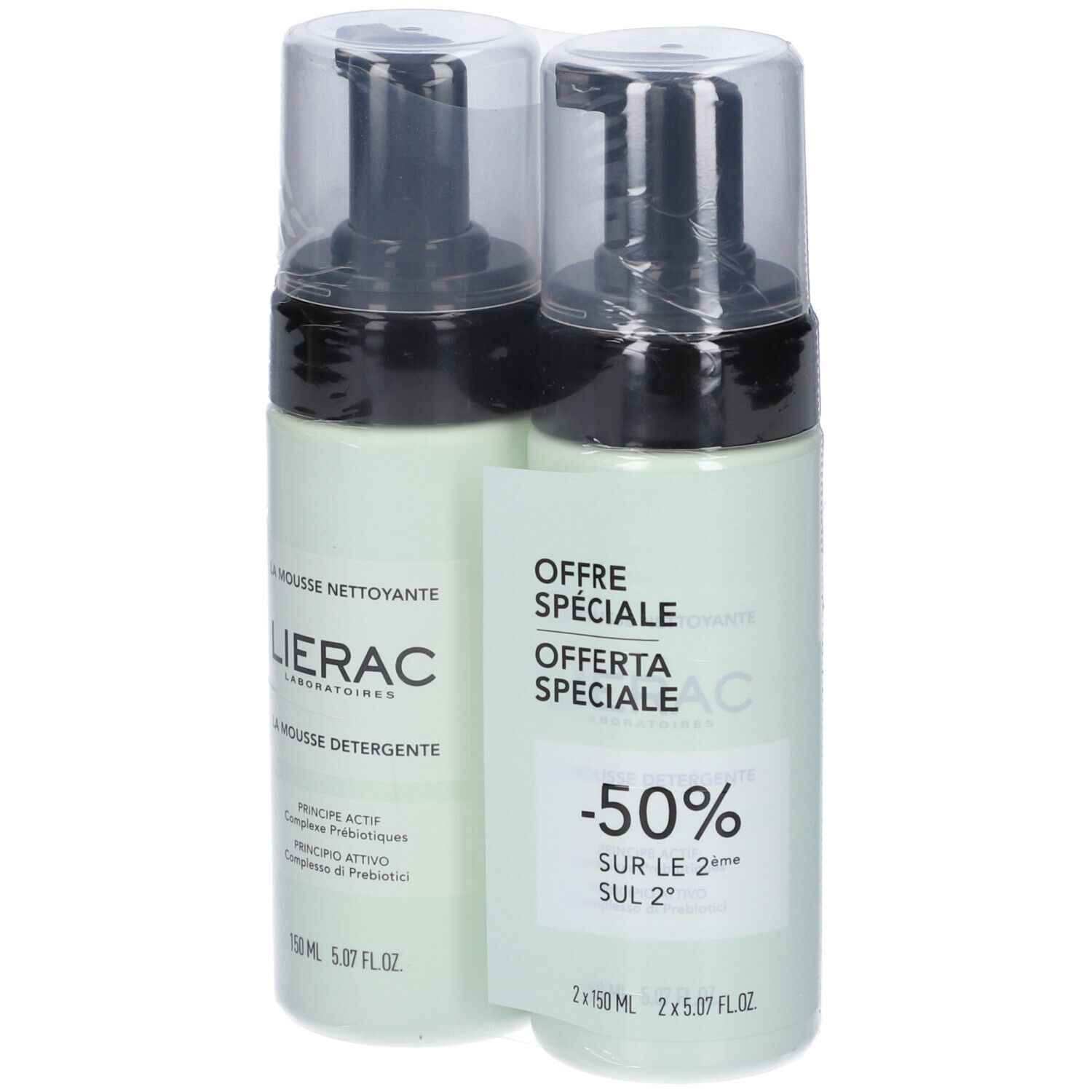 Due flaconi verdi con erogatore nero, confezionati. Scritta: Lierac, La Mousse Nettoyante, La Mousse Detergente. Offerta speciale.