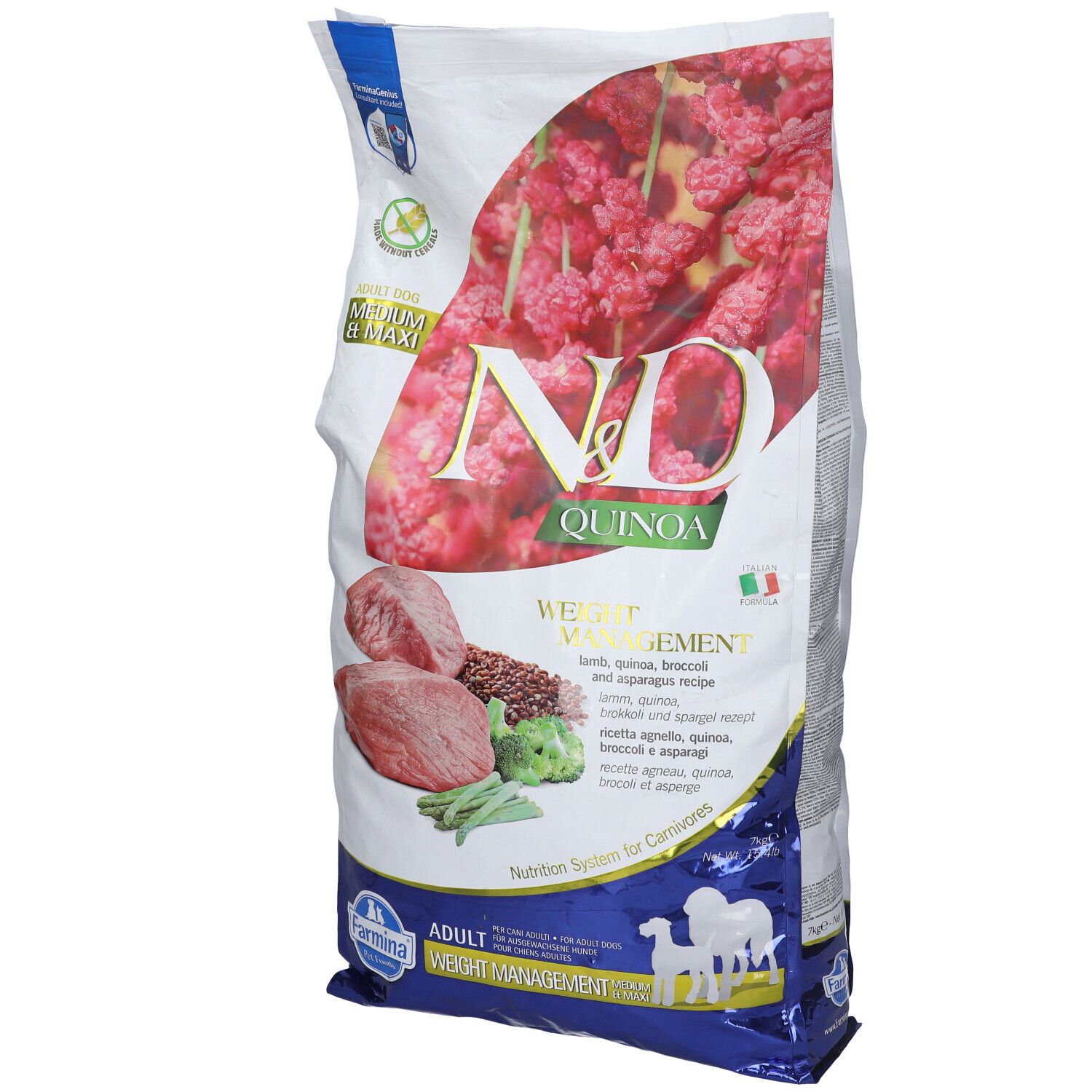 Hundefutterbeutel mit N&D Quinoa-Logo. Aufdrucke: Gewichtskontrolle, Lamm, Quinoa, Brokkoli und Spargel. Farmina-Logo unten.