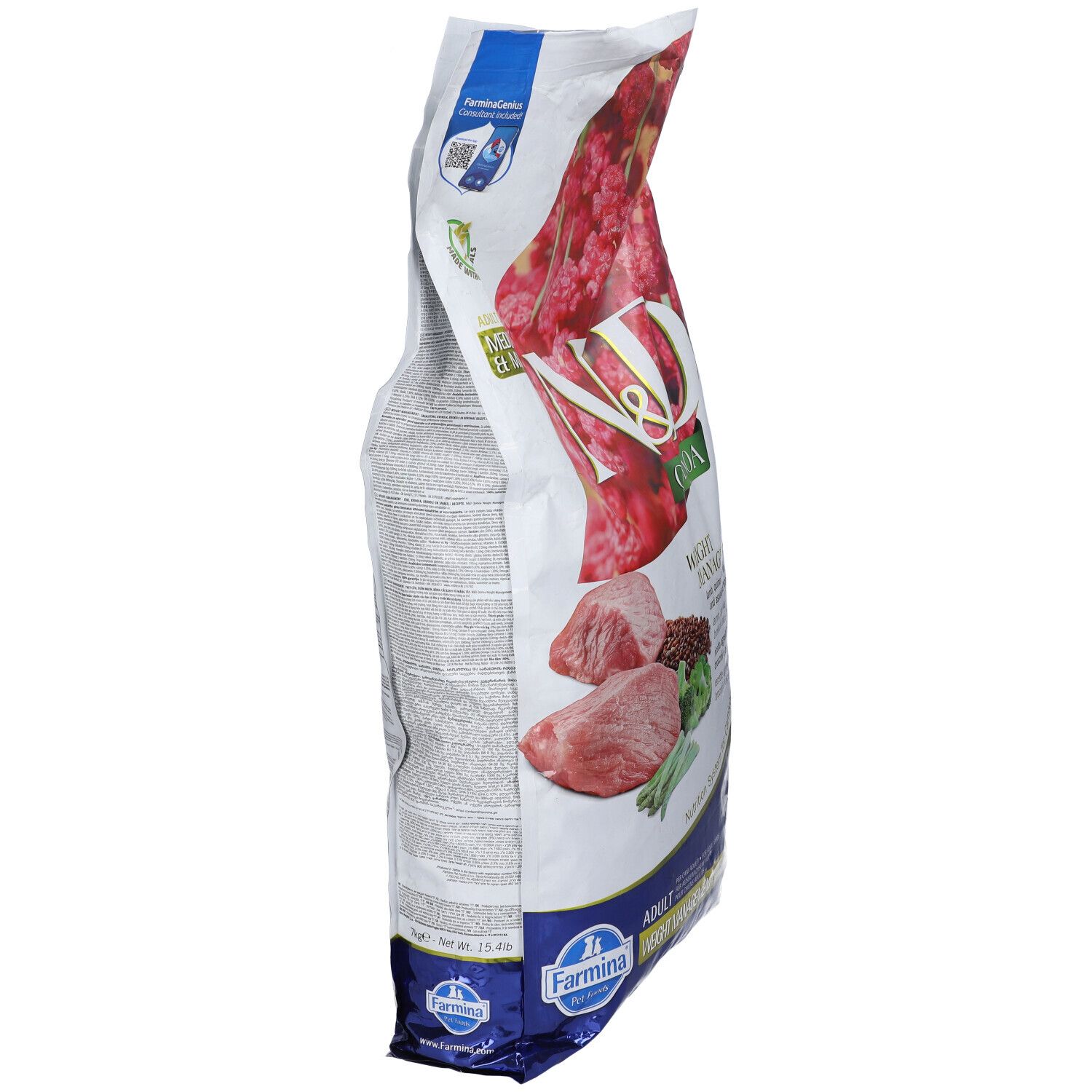 Hundefutterbeutel, Seitenansicht. N&D Quinoa-Logo, Abbildung von Lammfleisch und Zutaten. Farmina-Logo unten.