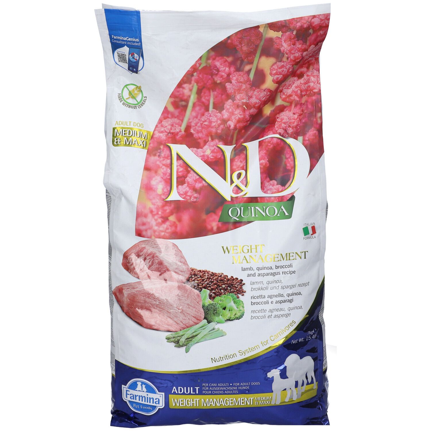 Hundefutterbeutel mit N&D Quinoa-Logo. Aufdrucke: Gewichtskontrolle, Lamm, Quinoa, Brokkoli und Spargel. Farmina-Logo unten.