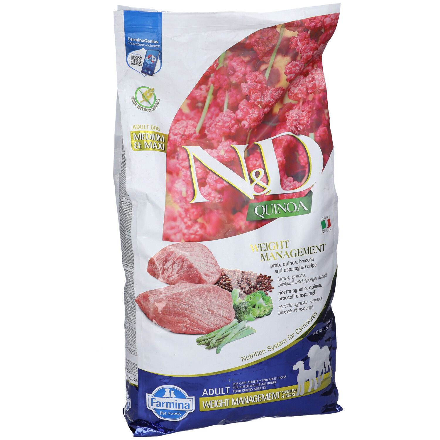 Hundefutterbeutel mit N&D Quinoa-Logo. Aufdrucke: Gewichtskontrolle, Lamm, Quinoa, Brokkoli und Spargel. Farmina-Logo unten.