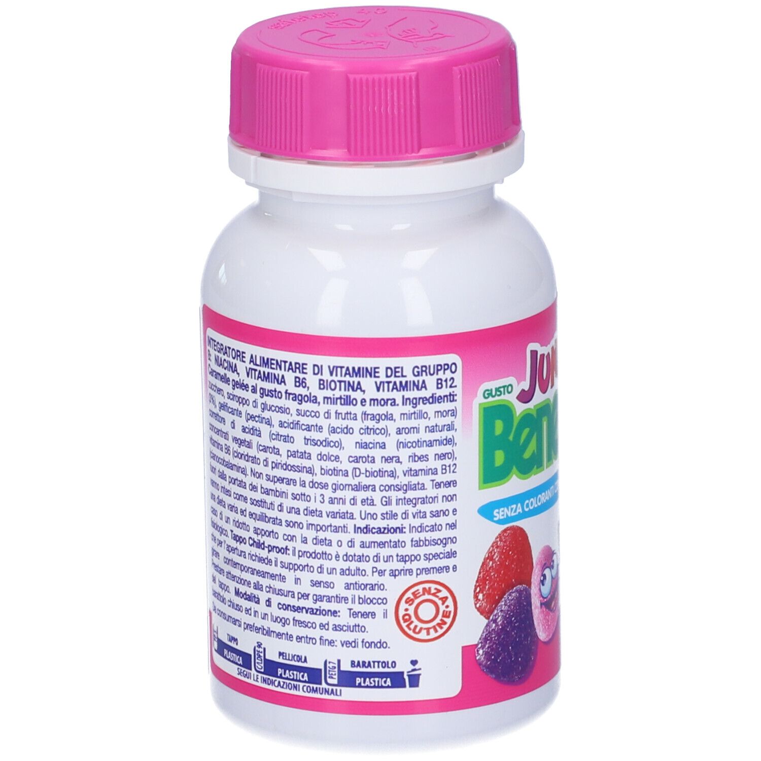 Retro del flacone bianco con tappo rosa. Informazioni testuali sul prodotto ed elenco ingredienti. Contiene indicazione senza glutine.