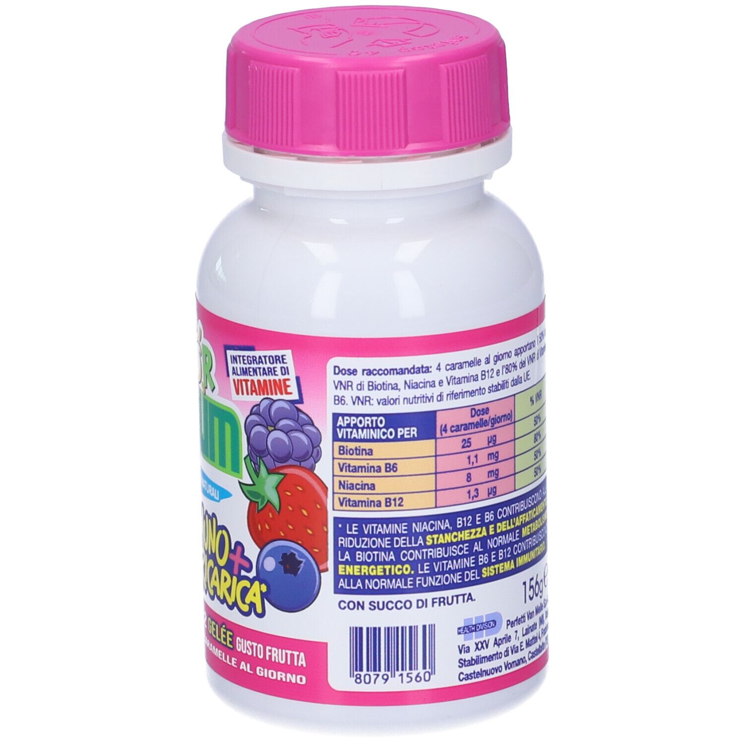 Retro del flacone bianco con tappo rosa. Informazioni testuali sul prodotto e tabella nutrizionale. Peso: 156g. Con succo di frutta.