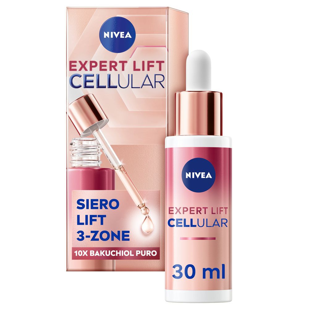Siero Nivea Cellular Expert Lift, flacone e confezione. Flacone rosa-oro con contagocce e scatola.
