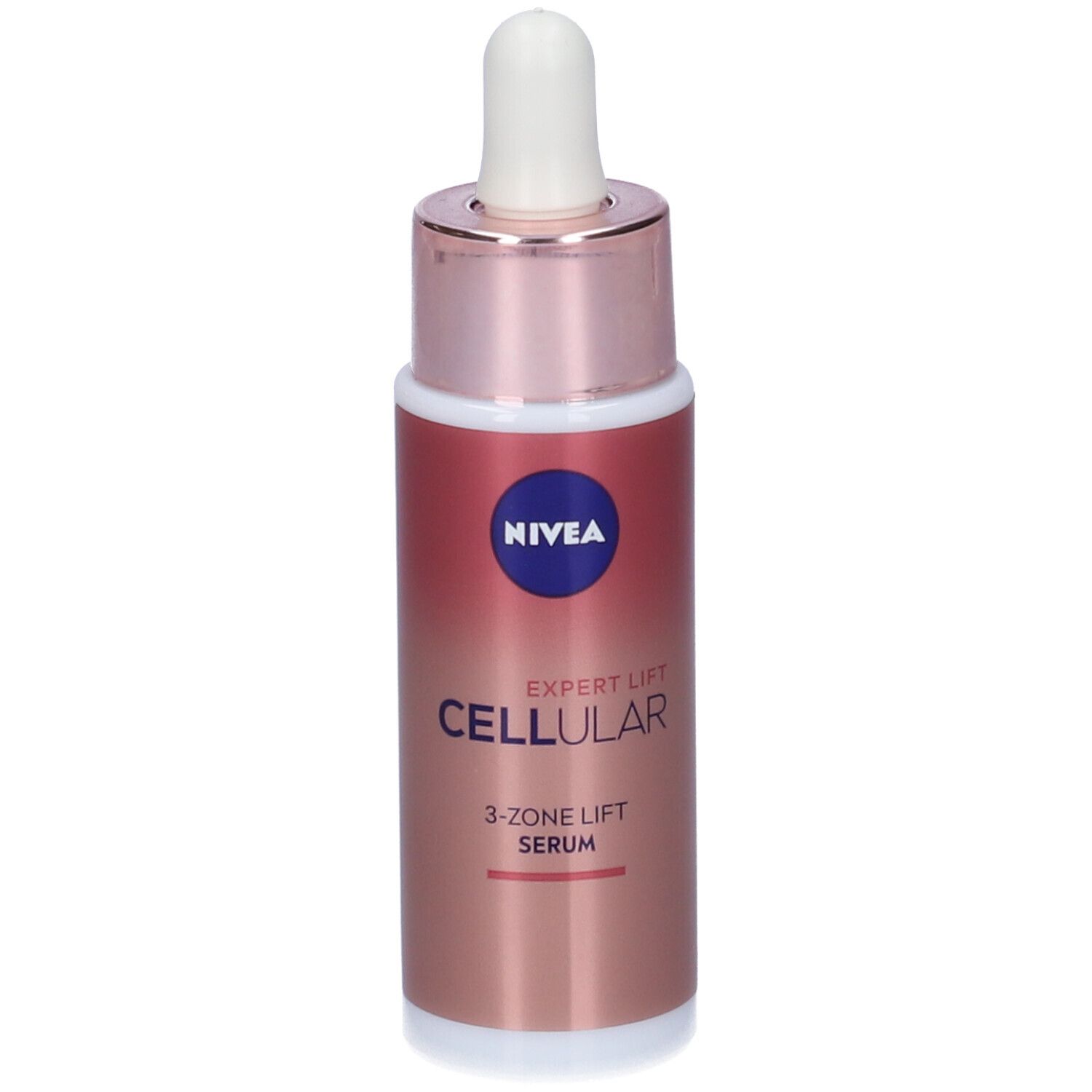 Siero Nivea Cellular Expert Lift, flacone. Flacone rosa-oro con pipetta. Testo: 3-Zone Lift Serum.