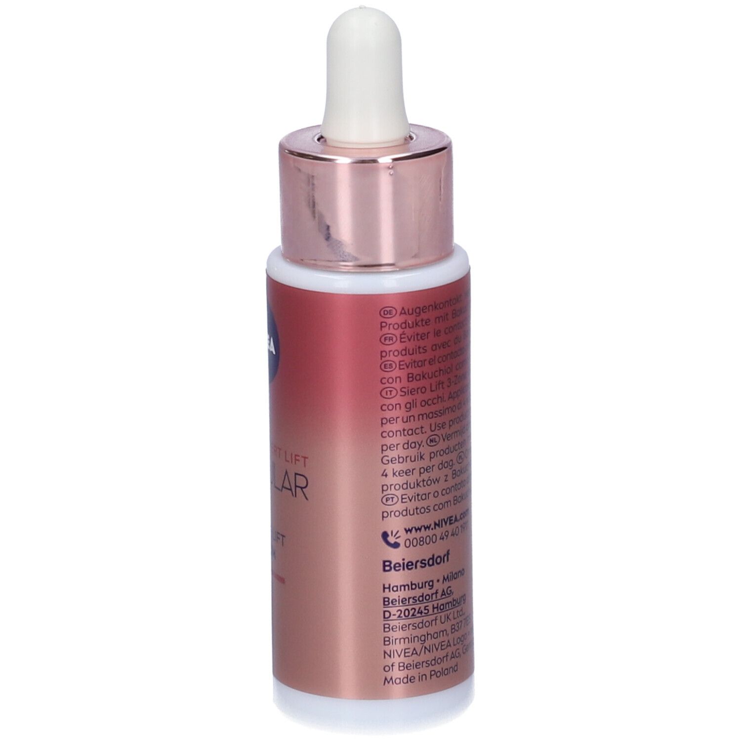 Retro del flacone di siero Nivea Cellular Expert Lift. Testo e informazioni sull'uso.